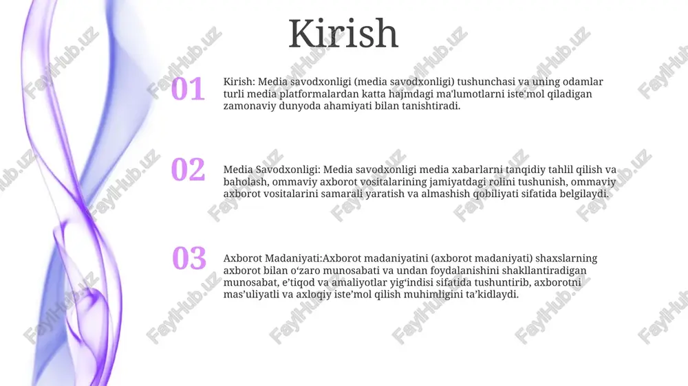 li va axloqiy foydalanishni targ'ib qiladi. bu intellektual mulk huquqlarini hurmat qilishni, manbalarga to'g'ri iqtibos keltirishni va noto'g'ri ma'lumotlar va dezinformatsiyalardan qochishni o'z ichiga oladi media formatlari: farqlarni tushunish turli xil media formatlari mavjud bo'lib, ularning har biri o'ziga xos xususiyatlarga va foydalanishga ega. video formatlari mp4, avi va flvni o'z ichiga oladi, ular turli siqish darajalari va ruxsatlarni taklif qiladi media savodxonligi: media savodxonligini o'zlashtirishmedia savodxonligi axborot landshaftini kezish uchun zarur. bu media-kontentni tanqidiy baholash, uning maqsadi va tarafkashliklarini tushunish va ishonchli manbalarni aniqlash qobiliyatini o'z ichiga oladi oav tarkibini baholash media savodxonligi: oav xabarlarini tanqidiy baholash, tarafkashliklarni aniqlash va ommaviy axborot vositalarining jamiyatga ta'sirini tushunish. media savvy: media landshaftida samarali harakat qilish, media iste'moli haqida ongli qarorlar qabul qilish va media kontentini mas'uliyat bilan ishlab chiqarish qobiliyati. axborot savodxonligi: tanqidiy fikrlashni va axborotdan axloqiy foydalanishni rag'batlantiradigan raqamli asrda ma'lumotlarni samarali tarzda topish, baholash va yaratish qobiliyati. yomonlik va …