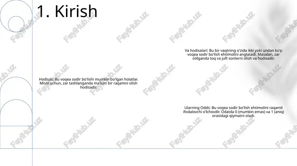 ko'paytirish yo'li bilan hisoblanadi. misol uchun, ikkita zar tashlanganda, ularning yig'indisi 7 bo'lish ehtimoli (1/6) x (1/6) = 1/36. 4. voqealar voqea ehtimoli: 0 dan 1 gacha bo'lgan raqam sifatida ifodalangan hodisaning yuzaga kelish ehtimoli. salbiy hodisa: salbiy oqibatlarga olib keladigan hodisa. bunday hodisalarning ehtimoli ko'pincha xavfni baholashda qo'llaniladi. qulay hodisa: ijobiy natijalarga olib keladigan voqea. bunday hodisalarning ehtimoli ko'pincha qaror qabul qilish jarayonlarida baholanadi. 5. voqea ehtimoli 1: hodisa ehtimoli 0 (mumkin emas) dan 1 (aniq) gacha bo'lgan uning ehtimollik o'lchovidir. u ijobiy natijalar sonining mumkin bo'lgan natijalarning umumiy soniga bo'lingan holda hisoblanishi mumkin. 2: shartli ehtimollik boshqa voqea sodir bo'lganligini hisobga olsak, hodisaning yuzaga kelish ehtimolini hisobga oladi. u p(a|b) sifatida belgilanadi, bunda a bog'liq hodisa, b esa mustaqil hodisadir. 3: mustaqil hodisalar - bu sodir bo'lishi bir-birining ehtimoliga ta'sir qilmaydigan hodisalar. boshqacha qilib aytganda, bir hodisaning natijasini bilish ikkinchisining natijasi haqida hech qanday ma'lumot bermaydi. 6. ehtimollar …