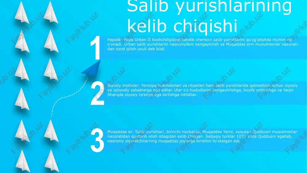 narmandlar va oddiy odamlar kirdi. u zodagonlar tomonidan boshqarilmagan yoki cherkov tomonidan ruxsat etilmagan. germaniya salib yurishi ishtirokchilar: germaniya salib yurishini imperator fridrix ii xohenstaufen boshqargan va turli nemis shtatlaridan kelgan ritsarlar va zodagonlardan iborat edi. ular 1228 yilda muqaddas zaminga yetib borgunga qadar vengriya va bolgariya orqali yurishdi. sabablari: diniy ishtiyoq, iqtisodiy rag'batlar va siyosiy ambitsiyalar germaniyaning salib yurishini kuchaytirdi. rim papasi innokentiy iii musulmonlarga qarshi nasroniy ittifoqi tuzishga chaqirib, qatnashganlarga najot va indulgensiyani va'da qildi. natijalar: germaniyaning salib yurishi fridrix ii tomonidan quddusni harbiy zabt etish emas, balki diplomatik muzokaralar yo'li bilan egallashi bilan yakunlandi. tinchlik shartnomasi xristianlarning muqaddas shaharga kirishini ta'minladi va oltinchi salib yurishini o'rnatdi. ikkinchi salib yurishi sabablari:ikkinchi salib yurishi birinchi navbatda edessa grafligining mosul musulmon hukmdori zengiga qulashi bilan bog'liq edi. ushbu nasroniy anklavining yo'qolishi yaqin sharqdagi salibchilar davlatlarining barqarorligiga tahdid soldi. rahbarlar: salib yurishiga yevropaning bir qancha taniqli hukmdorlari, jumladan, germaniyaning konrad iii …