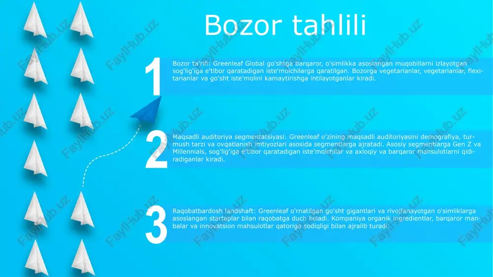 iz. noyob savdo taklifi: greenleaf global keng qamrovli barqaror mahsulotlar, axloqiy manba amaliyotlari va shaffof ta'minot zanjirlarini taklif qilish orqali o'zini ajratib turadi. biz mahsulotlarimizning atrof-muhit va jamiyatga ijobiy ta'sirini ta'kidlab, iste'molchilarning mas'uliyatli tanlov qilish istagiga murojaat qilamiz. moliyaviy prognozlar bozor taxminlari: marketing strategiyalarini xabardor qilish uchun sanoat tendentsiyalari, raqobatbardosh landshaft va maqsadli mijozlar xatti-harakati kabi asosiy bozor taxminlarini o'rnatish. moliyaviy prognozlar: ko'p yillar davomida daromad o'sishi, xarajatlar va rentabellikni prognoz qilish, moliyaviy natijalar uchun yo'l xaritasini taqdim etish. marketing byudjyetini taqsimlash: marketing resurslarini turli kanallar va faoliyatlar bo‘yicha optimal taqsimlashni aniqlash, mablag‘lardan samarali foydalanishni ta’minlash. e'tiboringiz uchun rahmat @taqdimot_robot image12.jpg image3.jpg image2.jpg /docprops/thumbnail.jpeg