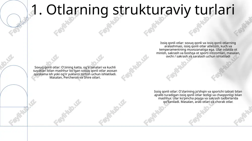 di. tirnoqlar suzish va harakatlanish uchun ixtisoslashgan. 3. ot anatomiyasi otga minish texnikasi - asosiy tamoyillar: muvozanatni saqlash, ushlab turish va to'g'ri turish va oyoq holati orqali rulni boshqarish. otlarning yasalishi- tuzilishi: otlar maxsus ovqat hazm qilish tizimiga ega bo'lgan o'txo'r hayvonlar bo'lib, bir kamerali oshqozon va katta ko'r ichakni o'z ichiga oladi.- oziqlanish: optimal salomatlik va samaradorlikni saqlash uchun muvozanatli ozuqa, don va qo'shimchalarni talab qiladi. tuzilish jihatdan turlari. otlarda modal mano- strukturaviy turlar: tana tuzilishi, hajmi va nisbatidagi o'zgarishlar otning zoti yoki turini aniqlaydi, ularning har biri ma'lum bir fan yoki faoliyatga mos keladi 4. ot minish texnikasi ot sporti - ot minish va otlar bilan o'zaro munosabatda bo'lishni, jismoniy tayyorgarlikni, muvozanatni va muvofiqlikni rivojlantirishni o'z ichiga oladi.- intizomlarga kiyinish, sakrash, musobaqa va chidamlilik kiradi. otlarning yasalishi- otlar tolali o'simlik materialini qayta ishlashga moslashgan ovqat hazm qilish tizimiga ega o'txo'r hayvonlardir.- ularning tishlari boqish uchun mo'ljallangan, tishlash uchun …