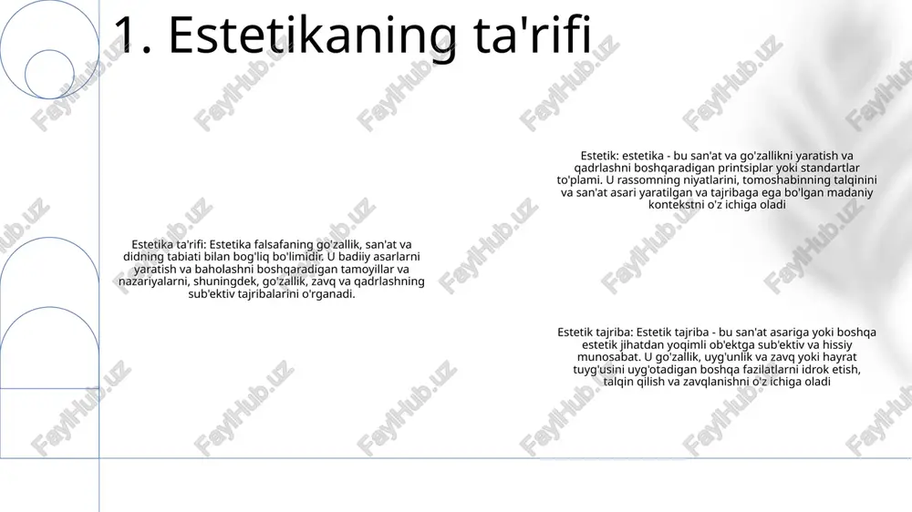 ning roli estetik imtiyozlar: madaniyat san'at va dizayndagi ranglar, shakllar, teksturalar va kompozitsiyalarga bo'lgan afzalliklarimizni shakllantiradi. turli madaniyatlar simmetriya, murakkablik yoki minimalizm kabi turli xil estetik fazilatlarni ta'kidlaydi. badiiy ifoda: madaniyat san'atkorlarning o'zlarini ijodiy ifoda etishiga ta'sir qiladi. bu mavzu, uslub va texnikani tanlash haqida ma'lumot beradi ijtimoiy me'yorlar: madaniyat estetika atrofida ijtimoiy me'yorlarni ham o'rnatadi. ba'zi kiyim uslublari, soch turmagi yoki tana o'zgarishlari bir madaniyatda chiroyli yoki xunuk deb hisoblanishi mumkin, ammo boshqasida emas 4. madaniyatning estetikaga ta'siri estetika va go'zallik: sub'ektiv bog'liqlik estetika go'zallik va odamlar uni qanday idrok etishini o'rganishni o'z ichiga oladi, go'zallik esa turli shakl va tajribalarda mavjud bo'lgan sub'ektiv sifatdir estetika falsafa sifatida estetika nafaqat go'zallikni, balki ulug'vorlik, grotesk va hazil kabi boshqa hissiy tajribalarni ham o'z ichiga oladi go'zallik madaniy qurilish sifatida go'zallik nafaqat ob'ektlarning o'ziga xos xususiyati, balki madaniy me'yorlar, ijtimoiy konventsiyalar va shaxsiy tajribalar ta'sirida ham mavjud. bir madaniyatda go'zal deb …