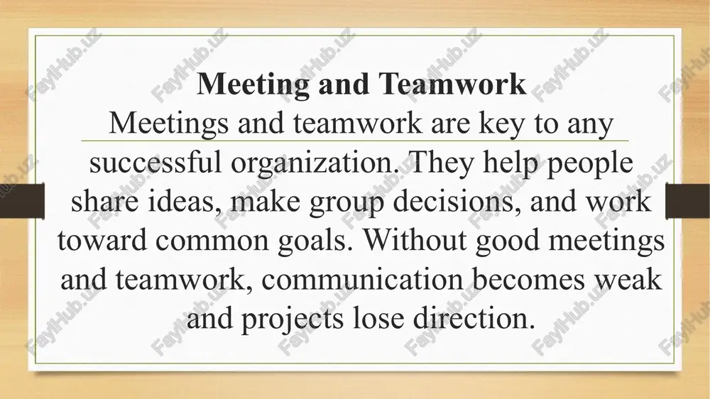 n teams communication is the heart of teamwork. members should share information openly, listen carefully, and give constructive feedback. clear communication prevents mistakes and builds stronger trust. managing conflict in teams conflicts happen in all teams, but they can be positive if handled well. listen to both sides, stay calm, and focus on finding a solution, not on blaming others. respectful discussion helps build understanding. motivation in teams motivation in teams motivated team members work harder and more creatively. leaders can motivate by giving recognition, rewards, and opportunities for growth. celebrating success together also builds team spirit. collaboration tools for teams modern teams use digital tools to stay connected: • slack – for chatting and updates • trello / asana – for project management • google docs – for shared work • microsoft teams – for meetings and collaboration these tools save time and keep teamwork organized. benefits of effective …