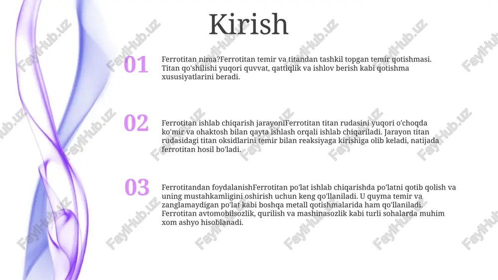 ik, egiluvchanlik va korroziyaga chidamliligini yaxshilaydi. ferrotitanning qo'llanilishi ferrotitanning po'lat ishlab chiqarishda qo'llanilishi: ferrotitan po'lat qotishmalarining mexanik xususiyatlarini oshirishda, mustahkamlik, pishiqlik va aşınma va yıpranma qarshiligini oshirishda hal qiluvchi rol o'ynaydi. payvandlash va sirtni qoplashda ferrotitan: ferrotitanium payvandlash elektrodlari va sirt materiallarida qo'shimcha sifatida ishlatiladi, payvandlanish qobiliyatini yaxshilaydi, g'ovaklikni kamaytiradi va payvandlangan bo'g'inlarning umumiy sifatini oshiradi. ferrotitan kamaytiruvchi vosita sifatida: ferrotitanium titanium, tsirkoniy va boshqa o'tga chidamli metallarni ishlab chiqarishda kamaytiruvchi vosita sifatida qo'llaniladi, bu tozalash jarayonida kislorod va aralashmalarni olib tashlashni osonlashtiradi. xomashyo qayta ishlash: eritish va tozalash ferrotitan temir rudasi va titan rudalarini elektr kamon pechida eritish orqali ishlab chiqariladi. olingan erigan metall keyinchalik iflosliklarni olib tashlash uchun tozalanadi. xom ashyo: temir rudasi ferrotitan ishlab chiqarish uchun xom ashyo temir rudasini temir manbai sifatida va titanium uchun rutil yoki ilmenit kabi titan rudalarini o'z ichiga oladi. ilovalar: ferrotitan qotishma agenti asosan zanglamaydigan po'lat va boshqa maxsus po'lat qotishmalarini …