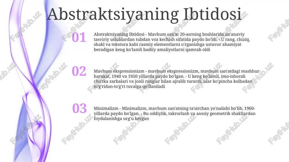 larni ehtiyotkorlik bilan tartibga soladilar. taqdim etmaslik: mavhum san'at haqiqiy dunyoning taniqli ob'ektlari yoki sahnalarini tasvirlamaydi. buning o'rniga, vizual kompozitsiyani yaratish uchun chiziqlar, shakllar, ranglar va to'qimalarga e'tibor qaratadi. rang va shakldan ifodali foydalanish: abstraktsiya rassomlarga rang va shakldan ifodali foydalanish orqali his-tuyg'u va g'oyalarni etkazish imkonini beradi. ular kompozitsiyalari orqali harakat, keskinlik yoki xotirjamlik hissi yaratishi mumkin. rang, shakl va teksturaning roli rang: hissiyotlarni uyg'otadi, diqqatni tortadi, ma'noni bildiradi va muhit yaratadi. shakl: strukturani o'rnatadi, shaklni belgilaydi va vizual qiziqish uyg'otadi. tekstura: chuqurlik qo'shadi, teginish illyuziyalarini yaratadi va teginish hissini rag'batlantiradi. badiiy vositalar bo'ylab abstraktsiya abstraktsiya, ya'ni taniqli ob'ektlar yoki shakllarni tasvirlashdan voz kechish tarix davomida ko'plab badiiy vositalarda namoyon bo'lgan. rassomlar rassomlik va haykaltaroshlikdan tortib musiqa va raqsga qadar turli xil texnikalar, materiallar va shakllar orqali mavhum ifodani o'rgandilar. badiiy vositalar bo'ylab abstraktsiya rassomlikda abstraktsiya 20-asrda muhim harakat sifatida paydo bo'ldi, jekson pollok va vasiliy kandinskiy kabi rassomlar …