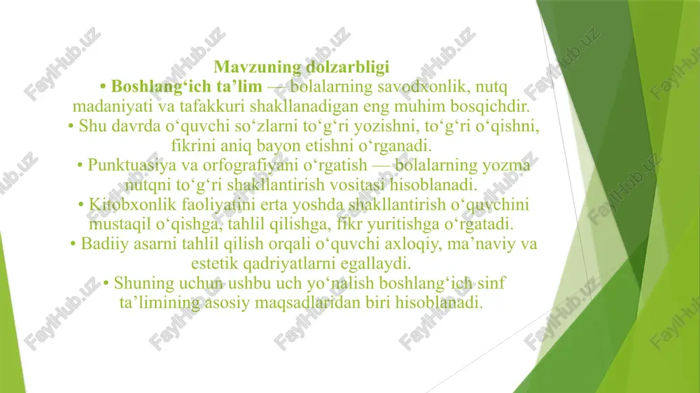 yani o‘zlashtiradi: 1. tovush-harf tahlili – so‘zda nechta tovush va harf borligini aniqlash. 2. bo‘g‘inlarga ajratish – talaffuz bilan yozuvni taqqoslash. 3. imlo qoidalarini o‘rganish – so‘z oxiri, qo‘shimchalar, juft undoshlar, bosh harflar va boshqalar. • mashqlar: diktant, yozma mashqlar, so‘z o‘yinlari, matnni to‘ldirish, xatoni topish. • o‘qituvchi o‘quvchilarni “to‘g‘ri yozish odatini” shakllantirish uchun: • har bir yozilgan so‘zni tekshirish, • o‘z xatosini to‘g‘rilash, • imlo lug‘ati bilan ishlashga o‘rgatadi. • o‘quvchi “nima uchun shunday yoziladi?” degan savolga mantiqiy tushuntirish bera olish darajasiga yetkaziladi. kitobxonlik faoliyatini shakllantirishning ahamiyati • kitobxonlik — bu faqat o‘qish emas, balki matndan ma’no chiqarish, tushunish va his etish jarayonidir. • boshlang‘ich sinflarda kitobxonlikni shakllantirishning maqsadi: • bolalarda kitobga muhabbat uyg‘otish; • o‘qilgan asardan xulosa chiqarishni o‘rgatish; • so‘z boyligini oshirish va og‘zaki nutqni boyitish. • o‘qituvchi o‘quvchilarga yoshiga mos, qiziqarli, oson tildagi asarlarni tanlab beradi. • kitob o‘qish jarayoni ijobiy muhitda, maqtov va rag‘bat bilan …