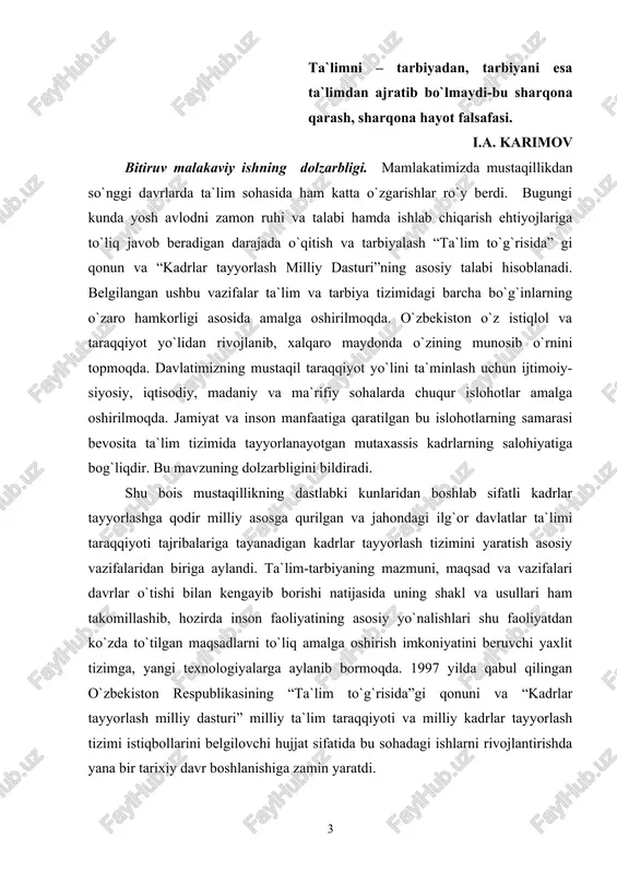 kadrlar tayyorlash tizimini yaratish asosiy vazifalaridan biriga aylandi. ta`lim-tarbiyaning mazmuni, maqsad va vazifalari davrlar o`tishi bilan kengayib borishi natijasida uning shakl va usullari ham takomillashib, hozirda inson faoliyatining asosiy yo`nalishlari shu faoliyatdan ko`zda to`tilgan maqsadlarni to`liq amalga oshirish imkoniyatini beruvchi yaxlit tizimga, yangi texnologiyalarga aylanib bormoqda. 1997 yilda qabul qilingan o`zbekiston respublikasining “ta`lim to`g`risida”gi qonuni va “kadrlar tayyorlash milliy dasturi” milliy ta`lim taraqqiyoti va milliy kadrlar tayyorlash tizimi istiqbollarini belgilovchi hujjat sifatida bu sohadagi ishlarni rivojlantirishda yana bir tarixiy davr boshlanishiga zamin yaratdi. bugungi kun ta`lim tizimining talablaridan kelib chiqqan holda innavatsion texnolgiyalardan geografiya darslarida mavzuga mos turda saralab olish va olib borishdan ko`zda to`tiladigan maqsadlar quyidagicha taqsimlanadi: -o`quvchilarning geografiya faniga va u orqali o`zi yashayotgan o`lka tabiatiga mexr-muxabbatni shakllantirish, -ularning nazariy bilimlarni chuqur o`rganishida, o`zicha fikrlay olishi hamda o`rganilgan bilimlarni amalda bajara olishida muhim o`rinni egallash; -o`rganilayotgan mavzuni yengil o`zlashtira olishga yordam berish va boshqada shunga o`xshagan ahamiyatli vazifalarini …