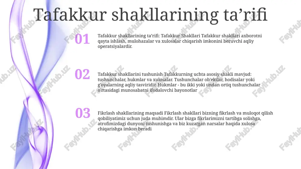 : hukmning uchta asosiy turi mavjud: idrok, ijtimoiy va shaxsiy. pertseptiv mulohazalar hissiy ma'lumotlarni sharhlashni, ijtimoiy mulohazalar boshqalarni va vaziyatlarni baholashni, shaxsiy mulohazalar esa o'z-o'zini aks ettirish va qaror qabul qilishni o'z ichiga oladi. xulosa: ta'rifi va ahamiyati xulosa: ta'rif va ahamiyat - xulosa yozma ish yoki nutqning asosiy fikrlarini umumlashtiradigan bayonotdir. bu maqolaning yakuniy qismi bo'lib, o'quvchiga muallifning asosiy argumentini aniq tushunishi kerak. tafakkur shakllari: tushuncha, xukm va xulosa- tafakkur yoki tafakkur, axborotni mulohaza yuritish va baholashni o'z ichiga olgan yuqori darajadagi fikrlash qobiliyatidir. islom ilohiyoti nuqtai nazaridan qur'on va hadislardan diniy hukmlar (hukm) chiqarish va xulosa chiqarish (xulosa) uchun ishlatiladi. tafakkurning islomdagi ahamiyati - tafakkur islomda muhim amaliyot sanaladi, chunki u kishilarga diniy matnlarni chuqurroq tushunish, to'g'ri diniy hukmlar ishlab chiqish va asosli qarorlar qabul qilish imkonini beradi. shuningdek, u tanqidiy fikrlash va ma'naviy o'sishni rivojlantiradi. idrok, hukm va xulosa o'rtasidagi munosabat hukm - idrok etilgan ma'lumotlar asosida …
