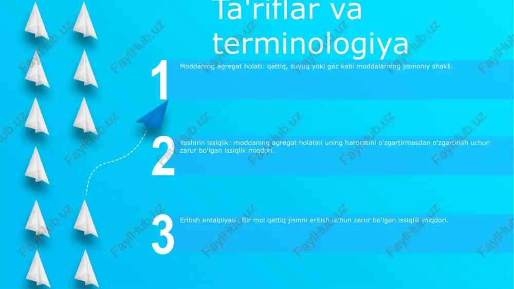 gan entalpiya moddaning umumiy issiqlik miqdorini o'lchaydi. moddaning fazasi o'zgarganda uning entalpiyasi o'zgaradi. entalpiyaning o'zgarishi o'ziga xos faza o'zgarishiga va ishtirok etadigan moddaning miqdoriga bog'liq. faza o'zgarishlarida issiqlik uzatish faza o'zgarishlari ekzotermik yoki endotermik bo'lishi mumkin. ekzotermik fazadagi o'zgarishlar issiqlikni atrofga chiqaradi. endotermik faza o'zgarishlari atrofdagi issiqlikni yutadi. o'tkaziladigan issiqlik miqdori o'ziga xos faza o'zgarishiga va ishtirok etadigan moddaning miqdoriga bog'liq. fazali o'tishlar va yashirin issiqlik yashirin issiqlik: harorat o'zgarmasdan fazali o'tish paytida so'rilgan yoki chiqariladigan issiqlik. fazali oʻtishlar: moddaning fizik holatidagi oʻzgarishlar (qattiq, suyuq, gaz) yashirin issiqlikni yutish yoki chiqarish bilan bogʻliq. ilovalar: sovutgich, energiya ishlab chiqarish, pishirish va tozalash materiallari yashirin issiqlik tamoyillariga tayanadi. suyuqlikdan gazga o'tish (bug'lanish) start gaz chiqishi (bug'lanish)suvni qaynatish uchun issiqlik berish kerak bo'lganidek, suvni bug'ga aylantirish uchun ham issiqlik berish kerak. qaynatish va bug'lanish o'rtasidagi farq shundaki, bug'lanish har qanday haroratda sodir bo'lishi mumkin. holatni o'zgartirganda issiqlik olish modda suyuqlikdan gazga o'tganda issiqlik …