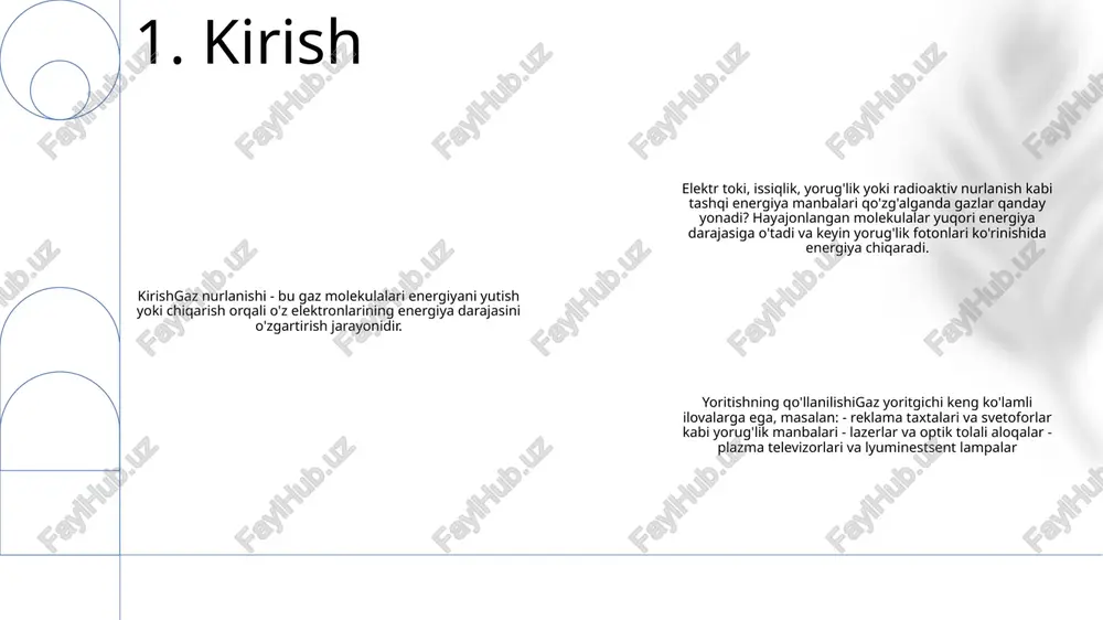azgichdan o'tadigan oqim ikki nuqtadagi kuchlanishga to'g'ridan-to'g'ri proportsionaldir. u i = v/r tenglamasi bilan aniqlanadi, bu erda i - oqim, v - kuchlanish va r - qarshilik. kirxgof qonunlarikirxgof qonunlari elektr zanjirlarining harakatini tavsiflovchi ikkita tenglamadir. kirchhoffning amaldagi qonunida aytilishicha, birlashmaga oqib o'tadigan umumiy oqim o'tish joyidan chiqadigan umumiy oqimga teng. kirchhoffning kuchlanish qonunida aytilishicha, yopiq kontur atrofidagi kuchlanishlar yig'indisi nolga teng. gazlarning nurlanishigazlarning nurlanishi - gazlarning elektr toki ta'sirida nurlanishi. gazlarning nurlanishi elektr zaryadli zarralar (elektronlar, ionlar va boshqalar) yoki qo'zg'algan atomlar va molekulalar energiyasining fotonlar shaklida chiqarilishi natijasidir. 4. kirchhoff qonunlari wienning joy almashish qonuni: qora jism uchun maksimal emissiya to'lqin uzunligi uning mutlaq haroratiga teskari proportsional ekanligini bildiradi. gazlarning nurlanishi: gazlar qizdirilganda yorug'lik chiqaradigan jarayon. bu elektronlar yuqori energiya darajalariga qo'zg'alganda sodir bo'ladi va keyin yana pastki darajalarga tushib, yorug'lik shaklida energiya chiqaradi. gazlarning nurlanishi: chiqarilayotgan yorug'likning to'lqin uzunligi ikki energiya darajasi o'rtasidagi energiya farqiga bog'liq. energiya …