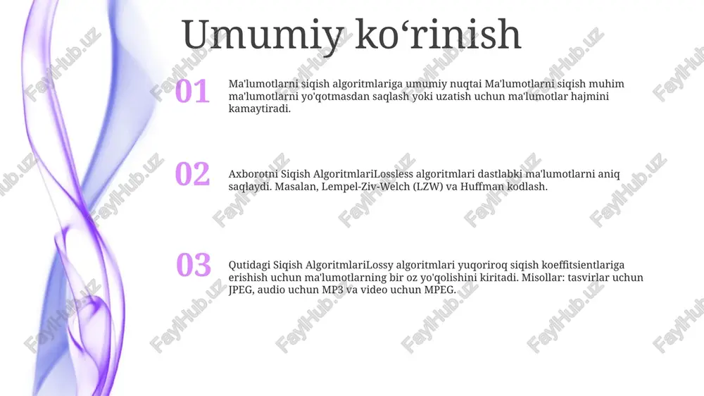 tiradigan ilg'or yo'qotishsiz ma'lumotlarni siqish usuli. u har bir belgiga kasr kodini tayinlaydi, bu huffman kodlashiga qaraganda aniqroq kodlash imkonini beradi lempel-ziv (lz) algoritmlari: lz77 va lz78 kabi lz algoritmlari lug'atga asoslangan yo'qotishsiz siqish usullaridir. ular ma'lumotlarning takrorlanuvchi ketma-ketligini aniqlaydi va oldingi holatlarga havolalar bilan almashtiradi. ma'lumotlarning takrorlanishiga yo'l qo'ymaslik orqali lz algoritmlari, xususan, matn va multimedia kontentida samarali siqishni ta'minlaydi. lempel-ziv kodlash (lz77 va lz78) lempel-ziv kodlash (lz78) - lug'atga asoslangan siqish algoritmi bo'lib, u ma'lumotlarning takrorlanuvchi ketma-ketliklariga kodlar tayinlaydi.- kodlash vaqtida lug'atni dinamik ravishda tuzadi, bu lz77 ga qaraganda samaraliroq siqishni imkonini beradi. lempel-ziv kodlash (lz77)- slayd oynasini siqish algoritmi, bu ma'lumotlarning takroriy ketma-ketligini oldingi holatlarga ko'rsatgichlar bilan topadi va almashtiradi.- matn va boshqa ma'lumotlarni ortiqcha ortiqcha bilan siqish uchun samarali. axborotni siqish algoritmlari (yo'qotmasdan siqish algoritmlari)- hech qanday ma'lumotni yo'qotmasdan ma'lumotlarni siqib chiqaradigan algoritmlar.- tibbiy tasvirlar va qonuniy hujjatlar kabi ma'lumotlar yaxlitligi muhim bo'lgan ilovalarda qo'llaniladi. ishlash …