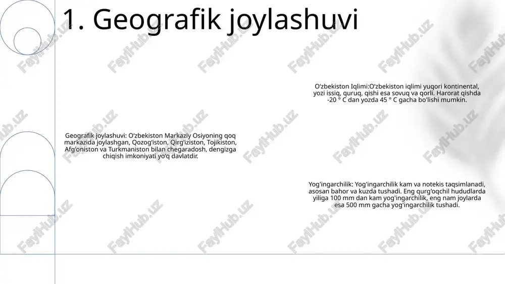 shakllari yillik yogʻin miqdori choʻl hududlarida 100-200 mm dan togʻlarda 800-1000 mm gacha. bahor (mart-may) va kuzda (sentyabr-noyabr) eng ko'p yog'ingarchilik, yozda (iyun-avgust) eng qurg'oqchil davr hisoblanadi. 4. yog'ingarchilik naqshlari mavsumiylik: o'zbekiston iqlimi yoz va qish o'rtasidagi qarama-qarshi harorat va yog'ingarchilik naqshlari bilan aniq mavsumiy o'zgarishlarni namoyish etadi. yozgi issiqlik: yoz oylarida harorat ko'tarilib, janubiy hududlarda 40 ° c dan yuqori darajaga etadi, shimoliy hududlarda esa mo''tadil issiqlik kuzatiladi. yoz faslini keng quyosh va musaffo osmon xarakterlaydi. qishki sovuq: aksincha, qish mavsumi sovuq haroratni keltirib chiqaradi, shimoliy va tog'li hududlarda ko'pincha 0 ° c dan pastga tushadi. qishda yog'ingarchilik ko'payib, ko'p hududlarga yomg'ir yoki qor olib keladi. 5. mavsumiy o'zgarishlar haroratning keskin o'zgarishi: o'tmishda o'zbekistonda haddan tashqari harorat kuzatilgan bo'lib, eng yuqori harorat 1983 yil 11 iyulda termizda +49,9°c, eng pasti esa 1969 yil 19 yanvarda asakada -39,2°c bo'lgan. yogʻingarchilikning haddan tashqari koʻrsatkichlari: oʻzbekistonda qurgʻoqchildan yarim qurgʻoqchil hududlargacha boʻlgan turli …
