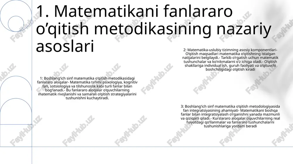 lar- shakllar: darsni tashkil etish (masalan, darslar, loyihalar)- usullar: o’qitish strategiyasi va usullari- vositalar. : o'qitishda foydalaniladigan manbalar va materiallar 2. matematikani fanlararo o`qitishning maqsad va vazifalari 1. fanlararo matematika o‘quv dasturining mazmuni: bu o‘quv dasturi o‘quvchilarning real dunyo tushunchalari haqidagi tushunchalarini chuqurlashtirish uchun matematikani fan, texnologiya, muhandislik va san’at kabi boshqa fanlar bilan birlashtiradi. 2. boshlang'ich matematika ta'limida fanlararo aloqalar: boshlang'ich matematika o'qitish matematika va tabiatni o'rganish, chizmachilik va tarix kabi boshqa fanlar o'rtasidagi aloqalarni ta'kidlaydi. ushbu yondashuv yosh o'quvchilar uchun matematikani yanada mos va mazmunli qilishga yordam beradi. 3. matematika-metodik tizimning asosiy komponentlari:matematika-metodik tizim o‘qitish maqsadlari, o‘qitish mazmuni, dars formatlari, o‘qitish usullari va o‘quv qo‘llanmalari kabi muhim tarkibiy qismlardan iborat. 3. fanlararo matematika o’quv dasturining mazmuni fanlararo matematika ta’limi: matematikani boshqa fanlar bilan o‘zaro bog‘lash matematika-metodik tizimning tarkibiy qismlari: o'qitish amaliyoti asoslarini chuqurlashtirish fanlararo aloqalarni mustahkamlash: hamkorlik orqali matematika ta’limini kuchaytirish 4. fanlararo matematika darsining shakllari 1. fanlararo …