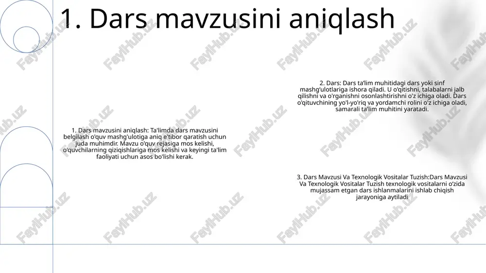 faoliyat talablari hamda o‘quvchilar va o‘qituvchilarning texnik imkoniyatlariga mosligini hisobga olish. 3. tegishli texnologik vositalarni tanlash ko'nikmalarni aniqlash: - muloqot, tanqidiy fikrlash, muammolarni hal qilish va vaqtni boshqarish. resurslar: - onlayn o'quv platformalari, kitoblar, maqolalar va murabbiylar. texnologiya: - google classroom yoki moodle kabi ma'lumotlarni yaratish va boshqarish uchun dasturiy ta'minot. 4. kerakli ko'nikmalar va resurslarni aniqlash interfaol doskalardan foydalanish: interfaol doskadan foydalanib, talabalarni darslarga jalb qiling. ular real vaqt rejimida hamkorlik qilish, izohlar va multimedia integratsiyasiga imkon beradi, tushunishni kuchaytiradi va faol ishtirokni rivojlantiradi. gamifikatsiya: o'yin elementlarini o'quv faoliyatiga kiritish. viktorinalar, simulyatsiyalar va topshiriqlar darslarni yanada qiziqarli va rag'batlantiruvchi qiladi, shu bilan birga tushunchalarni mustahkamlaydi va darhol fikr-mulohazalarni taqdim etadi. talabalar boshchiligidagi munozaralar: talabalar boshchiligidagi munozaralarga yordam berish orqali talabalarni o'z bilimlariga egalik qilishga undash. rollarni tayinlang, muhokama qilish uchun takliflar bering va ularga turli nuqtai nazarlarni o'rganish va tanqidiy fikrlash qobiliyatlarini rivojlantirishga rahbarlik qiling. 5. talabalarni interfaol tadbirlarga …
