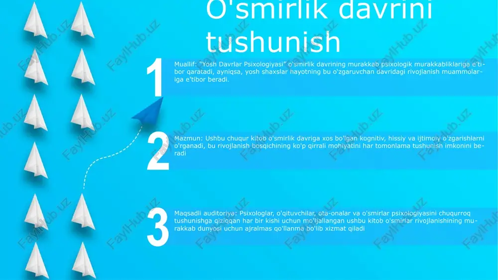 jlanish: his-tuyg'ularni tushunish va tartibga solish, jumladan, o'z-o'zini anglash, empatiya va chidamlilikni o'rganadi. shaxsni shakllantirish va o'zini o'zi qadrlash o'z-o'zini hurmat qilish: o'z qadr-qimmati va imkoniyatlarini baholash, o'z-o'zini anglash va ijtimoiy taqqoslash kabi ichki va tashqi omillar ta'sirida. identifikatsiyani shakllantirish: shaxsiy tajriba va jamiyat ta'sirida shakllangan o'z-o'zini anglash, jumladan qadriyatlar, e'tiqodlar va maqsadlarni rivojlantirish jarayoni. eriksonning shaxsiyat inqirozi: o'smirlik davridagi bosqich, bunda odamlar izchil o'zini o'zi anglash bilan kurashadilar va ularning shaxsiyati, maqsadi va qadriyatlari haqidagi savollar bilan kurashadilar. tengdoshlarning ta'siri va munosabatlari tengdoshlar ta'siri: tengdoshlar shaxsning e'tiqodlari, munosabatlari va xatti-harakatlariga sezilarli ta'sir ko'rsatishi, ularning ijtimoiy va psixologik rivojlanishini shakllantirishi mumkin. aloqalar: tengdoshlar bilan munosabatlar ijtimoiy ko'nikmalarni rivojlantirish, empatiyani o'rganish, tegishlilik va qo'llab-quvvatlash tuyg'usini o'rnatish uchun juda muhimdir. yosh davrlar psixologiyasi: psixologiyaning ushbu bo'limi insonning xulq-atvorini boshqaradigan ijtimoiy va psixologik jarayonlarni, shu jumladan tengdoshlar va munosabatlarning shaxs rivojlanishiga ta'sirini o'rganadi. ruhiy salomatlik va farovonlik start ruhiy salomatlik va farovonlik: ta'rif …