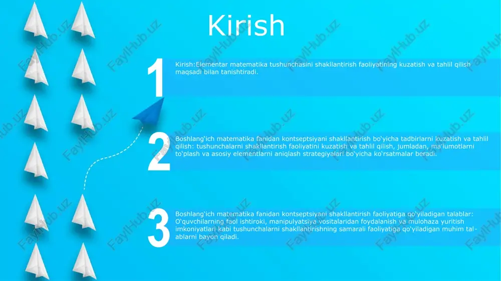 septsiyani shakllantirish jarayonini, jumladan, bolalarning strategiyalari, noto'g'ri tushunchalari va kognitiv yutuqlarini o'rganish. tahlil 2. baholash: kuzatilgan darslar tanqidiy tahlil qilinib, o‘qituvchining yondashuvi, o‘quvchilar tushunishi va o‘quv dasturi talablariga muvofiqligidagi kuchli va zaif tomonlarini aniqlashga qaratilgan. 1. tahlil: bu bosqichda o‘qitish jarayonini, jumladan, o‘qituvchining metodlari, o‘quvchilarning faolligi va resurslardan foydalanishni kuzatish va qayd etish kiradi. 3. tavsiyalar: tahlillar asosida o‘quv va o‘quv jarayonini takomillashtirish, o‘quvchilar natijalarini yaxshilash, belgilangan standartlarni bajarish bo‘yicha amaliy takliflar ishlab chiqiladi. talablar pedagogik ma'lumotlar: ushbu ma'ruzada pedagogik tamoyillar va ilg'or tajribalarni hisobga olgan holda boshlang'ich matematika tushunchasini shakllantirish faoliyatiga qo'yiladigan talablar, kuzatish va baholash tahlil qilinadi. kuzatish va tahlil: hisobotda kuzatilgan matematika kontseptsiyasini shakllantirish faoliyatining batafsil tavsifi berilgan bo'lib, dars tuzilishi, o'quvchilarning faolligi va o'qituvchining rahbarligi kabi asosiy jihatlar yoritilgan. u ushbu faoliyatning kontseptual tushunishni rivojlantirishdagi samaradorligini baholaydi. talablar va standartlar: hisobotda darsni rejalashtirish, o‘quv materiallari va baholash strategiyalari kabi sohalarni qamrab oluvchi boshlang‘ich matematika kontseptsiyasini shakllantirish …