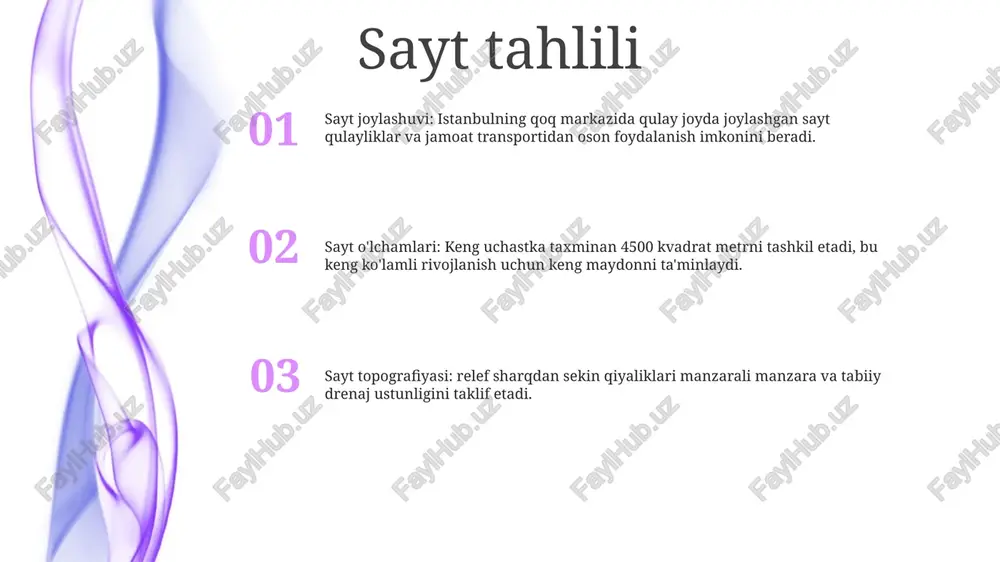 klarga qarshilik ko'rsatish uchun ishlab chiqilgan temir-beton poydevorlar va qoziqli poydevorlardan iborat. strukturaviy ramka: binoning strukturaviy ramkasi tashqi yuklarni va ichki qismlarni qo'llab-quvvatlaydigan mustahkam va barqaror skeletni ta'minlovchi temir-beton ustunlar va to'sinlardan iborat. tashqi qoplama va pardozlash tugatish: tashqi qoplamalar bo'yoq, shlyapa va toshning kombinatsiyasi bo'ladi. bo'yoq bir xil va uyg'un ko'rinish yaratish uchun ishlatiladi, shlyapa va tosh esa tekstura va qiziqish qo'shadi. tashqi qoplama: binoning tashqi qoplamasi shisha, metall va toshning kombinatsiyasi bo'ladi. shisha shaffof va ochiq tuyg'u yaratish uchun ishlatiladi, metall va tosh esa chidamlilik va mustahkamlikni ta'minlaydi. dizayn maqsadi: tashqi qoplama va pardozlash ko'zga jozibali va bardoshli bino yaratish uchun mo'ljallangan. shisha, metall va toshning kombinatsiyasi zamonaviy va murakkab ko'rinishni yaratadi, bo'yoq, shlyapa va tosh esa issiqlik va xarakter qo'shadi. ichki bezak va materiallar ranglar palitrasi: ranglar palitrasi asosan bej, kulrang va oq soyalar bilan neytral bo'lib, mato va aksessuarlardan rangli poplar bilan to'ldiriladi. bu murakkab va …