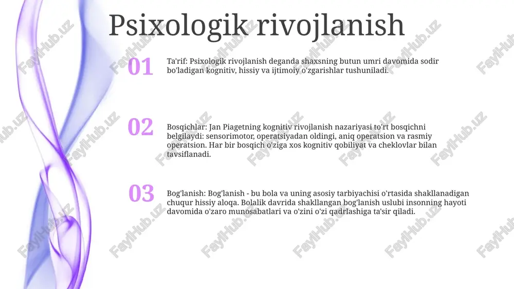 arli o‘zbek tilida ruhiy salomatlik va farovonlikni mustahkamlash bo‘yicha keng qamrovli ma’lumotlar va strategiyalarni taqdim etadi. 2. focus on students talabalar uchun maxsus ishlab chiqilgan "o'quvchi psixologiyasi" akademik stress, tashvish va depressiya bilan kurashish bo'yicha yoshga mos yo'l-yo'riqlarni taklif etadi. 3. amaliy maslahatlar va mashqlar kitobda o‘quvchilarga o‘z his-tuyg‘ularini boshqarishga, chidamlilikni rivojlantirishga, ijobiy va sog‘lom fikrlashni shakllantirishga yordam beradigan amaliy maslahatlar, mashqlar va ongni rivojlantirish usullari mavjud. e'tiboringiz uchun rahmat @taqdimot_robot image11.jpg image3.jpg image2.jpg /docprops/thumbnail.jpeg