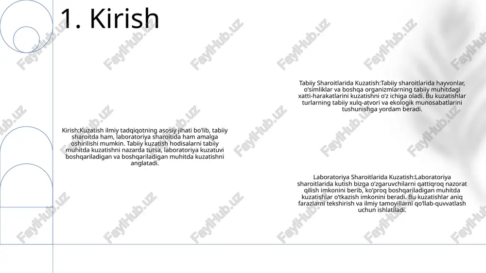 3. tabiiy kuzatishning afzalliklari cheklangan nazorat: tadqiqotchilar atrof-muhit ustidan cheklangan nazoratga ega, bu o'zgaruvchilarni ajratish va muayyan xatti-harakatlarni kuzatishni qiyinlashtiradi. ko'p vaqt talab qiluvchi: tabiiy kuzatish juda ko'p vaqt talab qilishi mumkin, ayniqsa kerakli xatti-harakatlar kamdan-kam hollarda sodir bo'lsa. mavzularning reaktivligi: sub'ektlar kuzatilayotganidan xabardor bo'lganlarida xatti-harakatlarini o'zgartirishi mumkin, bu esa noxolis natijalarga olib keladi. 4. tabiiy kuzatishning kamchiliklari to'g'ridan-to'g'ri kuzatish: odamlarni tabiiy muhitda bevosita kuzatish, ularning xatti-harakatlari va o'zaro ta'sirini qayd etishni o'z ichiga oladi. dala tadqiqotlari: tadqiqotchilar haqiqiy dunyo xatti-harakatlari va atrof-muhit omillarini kuzatish uchun tabiiy sharoitlarida shaxslar yoki guruhlar haqida ma'lumot to'playdi. laboratoriya kuzatuvi: shaxslar nazorat qilinadigan muhitda kuzatiladi, bu esa o'zgaruvchilarning aniqligi va manipulyatsiyasiga imkon beradi. 5. laboratoriya kuzatuvi nazorat qilinadigan muhit: laboratoriya kuzatuvlari tadqiqotchilarga harorat, yorug'lik va namlik kabi o'zgaruvchilarni nazorat qilish imkonini beradi, barqarorlikni ta'minlaydi va tashqi ta'sirlarni kamaytiradi. aniq ma'lumotlarni to'plash: laboratoriyadagi asboblar va jihozlar batafsil o'lchash va tahlil qilish imkonini beruvchi aniq ma'lumotlarni …