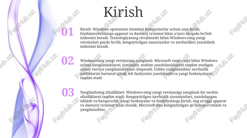 rida himoyalanganligini ta'minlaydi. qurilmaning mosligi: yangilashdan oldin printerlar, skanerlar va tashqi xotira kabi barcha apparat qurilmalaringiz windowsning yangi versiyasiga mos kelishiga ishonch hosil qiling. muvofiqlik yangilanishlari yoki drayverlarni ishlab chiqaruvchilar bilan tekshiring. dasturiy ta'minotning muvofiqligi: sizning dasturiy ilovalaringiz, jumladan, muhim dasturlar va maxsus vositalar windowsning yangi versiyasiga mos kelishini tekshiring. yangilanishlarni olmasligi yoki muvofiqlik muammolariga duch kelishi mumkin bo'lgan eski dasturlardan ehtiyot bo'ling. zaxiralash va tayyorlash ma'lumotlarni zaxiralash: yangilashni boshlashdan oldin muhim fayllar va ma'lumotlarning to'liq zaxira nusxasini yarating. agar biror narsa noto'g'ri bo'lsa, ma'lumotlaringiz xavfsizligini ta'minlash uchun tashqi qattiq disk yoki bulutli saqlash xizmatidan foydalaning. uskuna mosligi: kompyuteringiz uskunasining yangi windows versiyasiga mos kelishini tekshiring. moslikni tasdiqlash uchun ishlab chiqaruvchining veb-saytiga yoki windows muvofiqlik markaziga tashrif buyuring. drayvlarni yangilash: kompyuteringizning barcha drayverlari, ayniqsa grafik karta va anakart kabi muhim komponentlar uchun yangilanganligiga ishonch hosil qiling. bu potentsial moslik muammolaridan qochishga yordam beradi va yangilanishdan keyin uzluksiz ishlashni ta'minlaydi. yuklab …