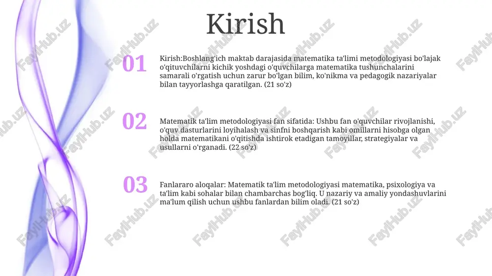rgalikda matematikadan samarali dars berish uchun ishlaydi. matematika ta’limida fanlararo aloqadorlik: matematika ta’limidagi fanlararo aloqalar matematik tushunchalarni boshqa fan sohalari bilan integratsiyalash, har ikkala fanni chuqurroq tushunishga yordam beradi. boshlang'ich sinflarda matematika o'qitish metodikasi fan sifatida: pedagogika fani sifatida boshlang'ich sinflarda matematika o'qitish metodikasi kichik yoshdagi o'quvchilarga matematik tushuncha va ko'nikmalarni samarali o'rgatishga qaratilgan. matematika o'qitishning maqsadi 1. matematika o‘qitishdan maqsad:- tanqidiy fikrlash va muammolarni yechish ko‘nikmalarini rivojlantiradi.- fazoviy va mantiqiy fikrlash qobiliyatini oshiradi.- ijodkorlik va tasavvurni rivojlantiradi.- oliy ta’lim va martaba uchun zamin yaratadi. 2. boshlangʻich sinflarda matematika oʻqitish metodikasi fan sifatida:- boshlangʻich sinf oʻquvchilariga matematikani samarali oʻrgatish tamoyillari va usullarini bayon qiladi.- oʻquvchilarning matematik tushunchalari va koʻnikmalarini rivojlantirishga eʼtibor qaratadi.- qiziqarli va samarali darslarni rejalashtirish va amalga oshirish uchun asos yaratadi. 3. fanlararo bogʻliqligi. matematik-metodik tizimning asosiy komponentlari:- matematika va metodologiya bir-biriga bog'langan fanlardir.- matematika-metodika tizimining asosiy tarkibiy qismlariga quyidagilar kiradi: - o'qitish maqsadlari: o'qitishning istalgan natijalarini aniqlash. …