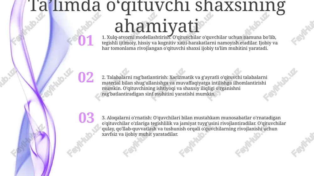 satish, tegishlilik va aloqa tuyg'usini rivojlantirish. sabr va chidamlilik muvaffaqiyat kaliti: sabr va chidamlilik sabr-toqatni qabul qiling: kutish san'atini egallang, taraqqiyot vaqt va kuch talab qilishini tushuning. bir zumda qoniqishdan qoching va uzoq muddatli maqsadlarga e'tiboringizni qarating. chidamlilikni rivojlantiring: muvaffaqiyatsizliklar va qiyinchiliklardan qaytish uchun ichki kuchni rivojlantiring. qiyinchilikni to'siq emas, balki o'sish va o'rganish uchun imkoniyat sifatida qabul qiling. ehtiros va ishtiyoq pedagogik talablar: samarali o'qituvchilar o'z ishtiyoqini qiziqarli va qulay darslarga aylantirish uchun kuchli pedagogik asosga muhtoj. ular turli ta'lim uslublariga moslashish va ijobiy ta'lim muhitini yaratish ko'nikmalariga ega bo'lishi kerak. ehtiros shart sifatida: ishtiyoq mavzuga bo'lgan chuqur ishtiyoqdan kelib chiqadi. o'z sohasiga chinakam ishtiyoqi bor o'qituvchilar o'z shogirdlarida xuddi shunday ishtiyoqni uyg'otadi. shaxsiy fazilatlar: texnik ko'nikmalardan tashqari, ishtiyoqli o'qituvchilar empatiya, optimizm va ilhomlantirish uchun haqiqiy istak kabi shaxsiy fazilatlarni namoyon etadilar. ular sabr-toqatli, qo'llab-quvvatlaydilar va har bir talabaning salohiyatiga ishonadilar. muloqot va shaxslararo muloqot qobiliyatlari shaxsiy va madaniy …