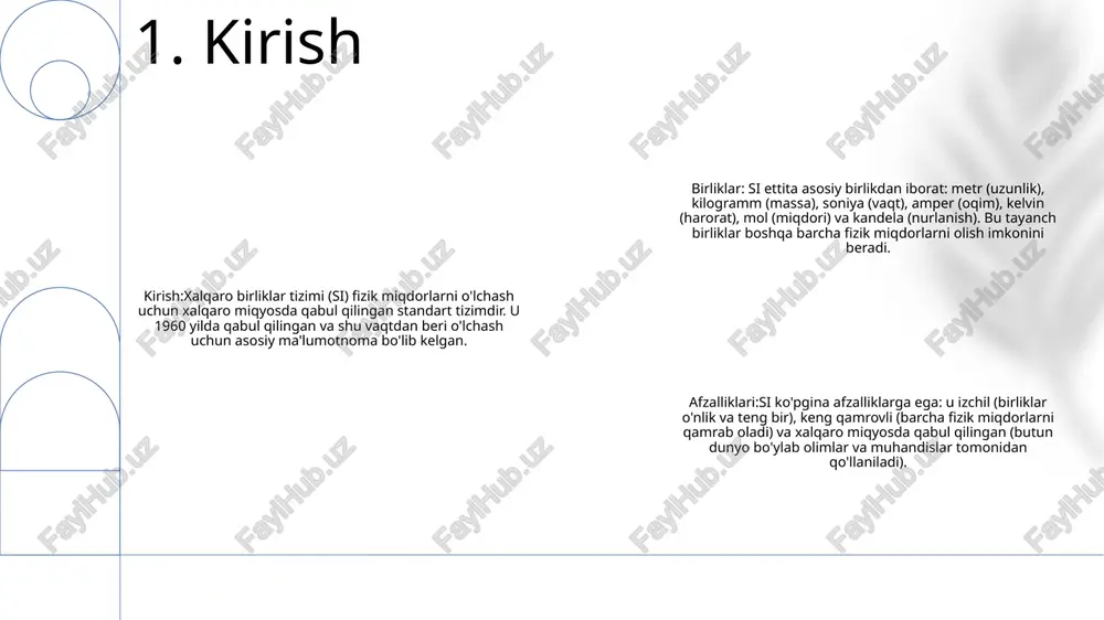 o'lchov tizimi bo'lib, barcha ilmiy va texnik sohalarda qo'llaniladi. si ning afzalliklari: si fizik miqdorlarni tavsiflash uchun izchil va umume'tirof etilgan tilni ta'minlaydi. bu turli birliklar va tizimlardan foydalanishda yuzaga keladigan chalkashlik va xatolarni yo'q qiladi. si birliklari ham juda aniq va keng miqyosdagi miqdorlarni o'lchash uchun ishlatilishi mumkin. 3. asosiy birliklar sida olingan birliklar: quvvat uchun nyuton (n), energiya uchun joule (j) va quvvat uchun vatt (vt) kabi ettita asosiy birlikdan olingan birliklar. xalqaro birliklar sistemasi (si): xalqaro birliklar tizimi, standart o'lchov tizimi sifatida global miqyosda qabul qilingan, etti ta asosiy birlik va ko'plab hosila birliklardan iborat. si birliklari va belgilari: har bir si birligi o'ziga xos belgiga ega, masalan, metr uchun m, kilogramm uchun kg va soniya uchun s, bu jismoniy miqdorlarni standartlashtirilgan tarzda ifodalash va uzatishni osonlashtiradi. 4. olingan birliklar uzunlik: metr (m) - 1/299,792,458 soniyada vakuumda yorug'lik bosib o'tgan masofa sifatida aniqlangan standart uzunlik birligi. massa: …