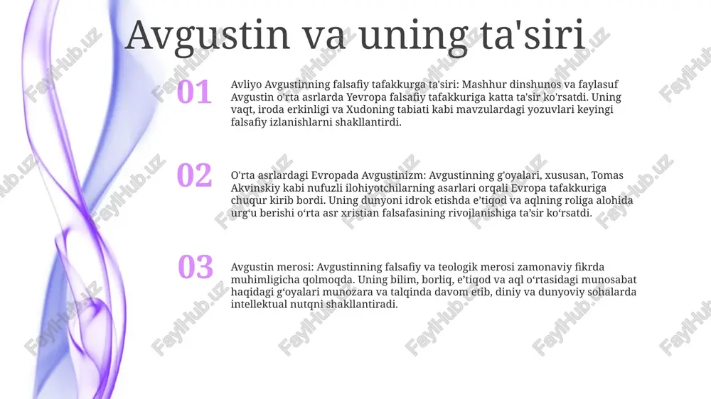 .- tomas akvinskiy kabi buyuk shaxslar imon va aqlni birlashtirishga intilishgan, duns skot kabi boshqalari esa sezgi va individuallikning rolini ta'kidlashgan universitet tizimining yuksalishi- oliy oʻrta asrlarda (11—13-asrlar) yevropada oliy taʼlim markazlari sifatida paydo boʻlgan universitetlar, asosiy eʼtibor ilohiyot, huquq, tibbiyot va sanʼatga qaratilgan. bilim, olimlar va mutaxassislar tayyorlash va intellektual izlanishni rivojlantirish o'rta asrlardagi evropadagi falsafiy fikr - o'rta asrlardagi evropa falsafiy tafakkuri nasroniy ilohiyoti, klassik yunon falsafasi va islom ilmining uyg'unligi bilan shakllangan. - foma akvinskiy kabi yirik arboblar e'tiqod va aqlni uyg'unlashtirishga intilishgan, duns skot kabi boshqalar esa buni ta'kidlaganlar tomas aquinas va summa theologica foma akvinskiy va ilohiyotshunoslik to'plami foma akvinskiy 13-asrning ko'zga ko'ringan faylasufi va ilohiyotchisi edi. u ilohiyot bo'yicha keng qamrovli risola bo'lgan "summa theologica" dagi ishi bilan mashhur summa theologicathe summa theologica uch qismga bo'lingan: birinchi qism xudo bilan, ikkinchisi yaratilgan dunyo bilan, uchinchisi esa masih va muqaddas marosimlar bilan bog'liq. aquinasning summadagi …