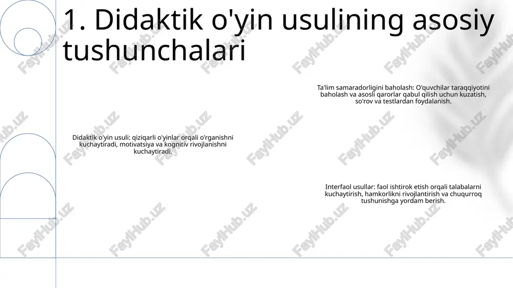 uv jarayoniga kiritish. oʻquvchilar bilimini oʻzlashtirish samaradorligini aniqlash metodlari: employ various assessment methods to evaluate student learning, track progress, and provide timely feedback. 3. interfaol ta'lim usullari talabalarning faolligi talabalarning o'qishga bo'lgan qiziqishi va sarmoyasini anglatadi. o'qitishda interfaol usullardan foydalanish talabalarning faolligini sezilarli darajada oshirishi va ta'lim natijalarini yaxshilashi mumkin. o‘quvchilarni amaliy mashg‘ulotlar, muhokamalar va hamkorlikdagi loyihalar orqali o‘quv jarayoniga faol jalb qilish orqali interfaol usullar o‘rganishni yanada qiziqarli qiladi, tanqidiy fikrlash va muammoni hal qilish ko‘nikmalarini rivojlantiradi va tushunchalarni chuqurroq tushunishga yordam beradi. samarali interfaol usullarga kooperativ ta'lim, muammoli ta'lim, simulyatsiya o'yinlari va rolli o'yinlar kiradi. bu usullar o‘quvchilarning bir-biri bilan muloqot qilishlari, fikr almashishlari va o‘z bilimlarini egallashlari uchun imkoniyatlar yaratadi. 4. o‘qitish metodikasi bo‘yicha o‘quvchilarning faollik darajalari boshlang‘ich sinf matematikasida interfaol usullar: o‘quvchilar faolligini va o‘quv natijalarini oshirish ta'lim tashkilotida didaktik o'yin usuli: uning o'quvchilar bilimini egallashiga ta'sirini o'rganish talabalar bilimlarini o'zlashtirish samaradorligini baholash usullari: o'quv muvaffaqiyatini …