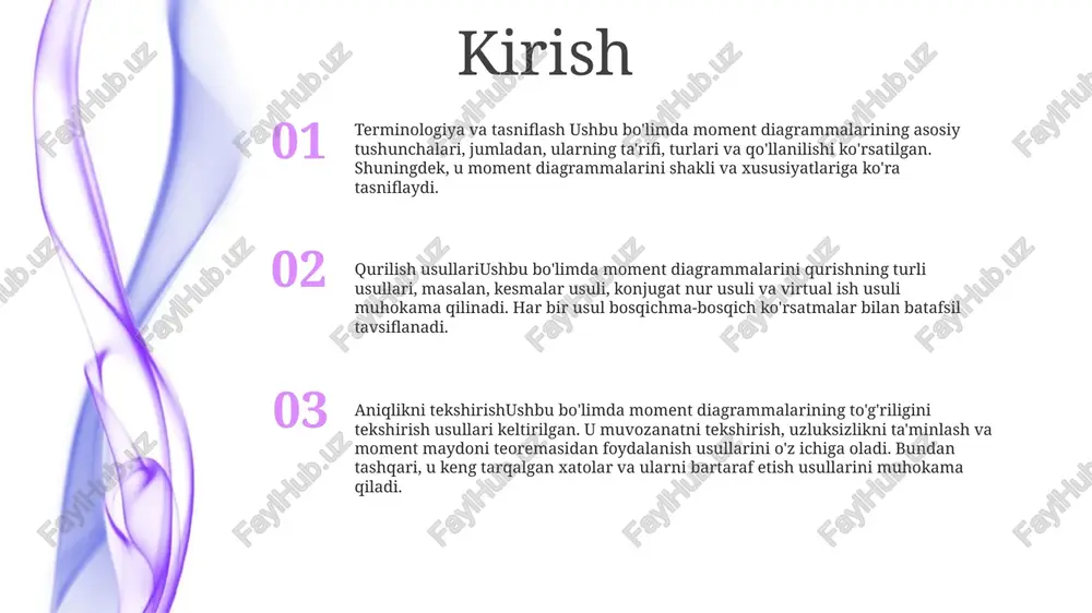 foydalangan holda tashqi yuklar va tayanchlar ostida nurni tahlil qilamiz. kesish kuchi diagrammalarini qurish 1: kesish kuchi diagrammalari struktura elementi bo'ylab kesish kuchlarining taqsimlanishini tavsiflaydi, muhandislarga elementning lateral yuklarga qarshilik ko'rsatish qobiliyatini baholashga va burilishni oldini olishga yordam beradi. 2: bükme momenti diagrammalari struktura elementiga ta'sir qiluvchi bükme kuchlanishlarini ko'rsatadi va tegishli kuch va barqarorlikni ta'minlash uchun tegishli kesim xususiyatlarini aniqlash uchun zarurdir. 3: kesish kuchi va egilish momenti diagrammalarining toʻgʻriligini tekshirish turli usullardan olingan natijalarni solishtirish yoki muvozanat shartlarini tekshirish uchun analitik tenglamalardan foydalanishni oʻz ichiga oladi. bükme momenti diagrammalarini qurish 2: ko‘ndalang kuch va eguvchi moment epyuralarini qurish: o‘zme (uzunlik zaribasi metodosi) - uzunlik koeffitsienti usuli: bu konsentrlangan yuklar yoki bir xil taqsimlangan yuklar bilan konsol nurlari uchun egilish momenti diagrammalarini qurish uchun soddalashtirilgan yondashuv. 1: bükme momenti diagrammalarini qurish: bu jarayon tashqi yuklar va reaktsiyalar ta'sirida struktura elementi bo'ylab turli nuqtalarda egilish momentini aniqlashni o'z ichiga oladi. …