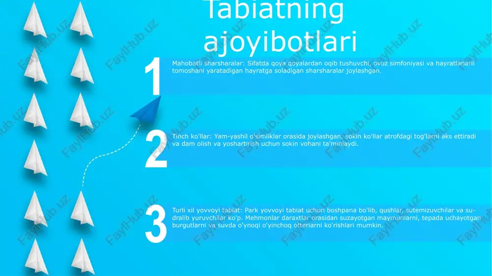 urakkab qismini o'ynaydi. yovvoyi gullarning jonli ranglari ko'lning yaltirab turgan suvlari bilan birga raqsga tushib, maftunkor gobelen yaratadi tabiatning xilma-xilligi turlarning xilma-xilligi: mintaqada 1200 dan ortiq ma'lum turdagi o'simliklar, 350 turdagi qushlar va 200 turdagi sutemizuvchilar mavjud bo'lib, biologik xilma-xillikning ajoyib boyligini namoyish etadi. habitatning xilma-xilligi: sifat turli xil turlarni qo'llab-quvvatlovchi o'rmonlar, o'tloqlar, suv-botqoqlar va qirg'oqbo'yi hududlarini o'z ichiga olgan keng doiradagi yashash joylarini qamrab oladi. ekologik ahamiyati: sifat ekologik muvozanatni saqlash, son-sanoqsiz organizmlarni oziq-ovqat, boshpana va boshqa resurslar bilan ta'minlash, shuningdek, suv oqimini tartibga solish va tuproqni eroziyadan himoya qilishda hal qiluvchi rol o'ynaydi. tabiatning mo'rtligi mo'rt ekotizimlar: sifat nozik marjon riflari, mangrovlar va tropik o'rmonlarga ega bo'lib, ular atrof-muhit o'zgarishlariga va inson faoliyatiga juda sezgir. bir-biriga bog'langan yashash joylari: sifatdagi turli ekotizimlar bir-biri bilan chambarchas bog'liq bo'lib, ularning har biri boshqalarni qo'llab-quvvatlaydi. bitta yashash joyidagi buzilishlar butun hudud bo'ylab kaskadli ta'sir ko'rsatishi mumkin. tabiatni muhofaza qilish muammolari: sifatning …