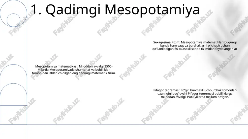 va matematika jamiyati boʻlgan pifagor maktabiga asos soldi. arximed: ko'p qirrali daho sirakuzalik arximed (miloddan avvalgi 287-212 yillar) matematika, fizika va muhandislik sohasida yangi kashfiyotlar qilgan polimat edi. u aylana maydonini, sharning hajmini va suzish printsipini aniqlashi bilan mashhur. 3. qadimgi gretsiya veda davri (miloddan avvalgi 1500-500): qadimgi hind matematiklari o'nlik sanoq tizimini va nol tushunchasini ishlab chiqdilar. ular algebra va geometriyaga ham katta hissa qo‘shgan. hindiston matematikasining oltin davri (milodiy 500-1200): bu davrda hind matematiklari hisob, trigonometriya va boshqa sohalarda katta yutuqlarga erishdilar. ular, shuningdek, sinus funktsiyasi va kasr nuqtasini ishlab chiqdilar. o'rta asrlar davri (milodiy 1200-1800): bu davrda hind matematikasi algebra, raqamlar nazariyasi va boshqa sohalarga hissa qo'shgan holda gullab-yashnashda davom etdi. hind matematiklari ham manfiy sonlar tushunchasini va matematik amallarni ifodalash uchun belgilardan foydalanishni ishlab chiqdilar. 4. qadimgi hindiston qadimgi xitoy matematikasi: osmon va yerni hisoblash algebraning ildizlari: qadimgi xitoyda pifagor teoremasi geometriya va arxitektura: buyuk devorni …