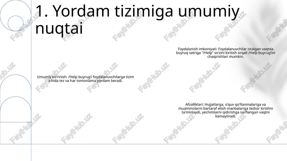 eb-sayt yoki xabar almashish ilovasida virtual yordamchi bilan suhbatlashish. 3. yordam tizimlarining turlari qidiruvga ustuvor ahamiyat bering: foydalanuvchilar aniq tildan foydalanish, tegishli kalit so'zlarni taqdim etish va tarkibni mantiqiy tartibga solish orqali tegishli yordam mazmunini osongina topishiga ishonch hosil qiling. kontekstli yordamni taklif qiling: foydalanuvchi hozir bo'lgan vazifa yoki kontekstga xos bo'lgan yordamni taqdim eting, bu ularning umumiy hujjatlarni qidirishga bo'lgan ehtiyojini kamaytiradi. vizual elementlardan foydalaning: yordam mazmunini yanada qiziqarli va tushunarli qilish uchun skrinshotlar, grafikalar yoki videolar kabi vizual qoʻllanmalardan foydalaning. 4. yordamni loyihalash bo'yicha eng yaxshi amaliyotlar oddiy tilda yozing: tushunarli va tushunarli tildan foydalaning. texnik jargon va qisqartmalardan saqlaning. foydalanuvchilarning ehtiyojlarini taxmin qiling: foydalanuvchilarga qanday yordam kerak bo'lishi mumkinligini ko'rib chiqing va shunga ko'ra ko'rsatmalar bering. kontentingizni umumiy foydalanuvchi ish oqimlariga rioya qilish uchun tuzing. vizual va misollarni taqdim eting: qadamlarni ko'rsatish va kontentni yanada qiziqarli va tushunarli qilish uchun skrinshotlar, diagrammalar va misollarni qo'shing. 5. foydalanuvchilar …