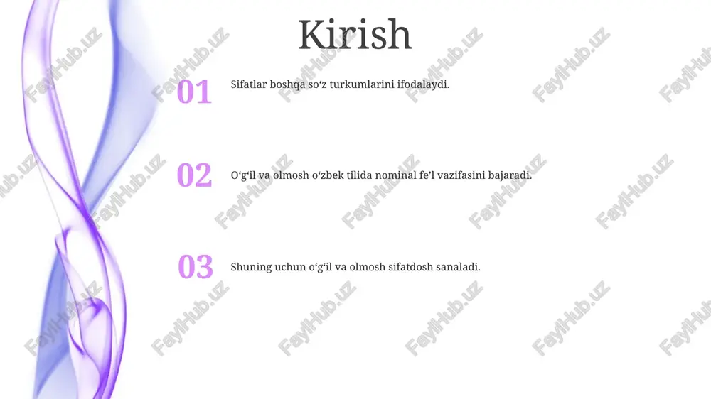 lari so‘z tartibi: o‘zbek tilida olmoshlardan foydalanilganda, odatda, quyidagi so‘z tartibi kuzatiladi:- mavzu olmoshlari: fe’ldan oldin keladi- ob’ekt olmoshlari: fe’lga ergash- refleks olmoshlar: ob’ektdan keyin keladi- ko‘rsatish olmoshlari: otdan oldin yoki keyin kelishi mumkin misol: o‘zbek tilidagi quyidagi gapda shaxs va qaratqich olmoshlarining qo‘llanishi ko‘rsatilgan:- men seni ko‘p yaxshi ko‘raman. (men seni juda yaxshi ko‘raman.)- bu yerda “erkaklar” (men) to‘ldiruvchi olmosh, “seni” (siz) esa predmet olmoshidir. shaxsiy olmosh kishilik olmoshlari o‘rnini bosuvchi otning grammatik shaxsi, soni va jinsiga mos keladi. shaxs olmoshlari otlar o‘rnini bosish va so‘zlovchiga, qabul qiluvchiga yoki muhokama qilinayotgan kimgadir yoki biror narsaga ishora qilish uchun ishlatiladi. turkiy tilda shaxs olmoshlari uch turga bo‘linadi: ot kelishigi, egalik kelishigi va qaratqich kelishigi (bo‘lish kelishigi va kelishigi). egalik olmoshi 1: “meni” va “sizniki” kabi egalik olmoshlari biror narsaning egaligini ko‘rsatadi. ular biror narsaning ma'lum bir shaxs yoki narsaga tegishli ekanligini ko'rsatadigan ot yoki ot so'z birikmalarining o'rnini egallaydi. 2: …