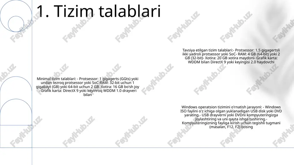 'rsatmalarga rioya qiling. 2. iso faylini yuklab olish: microsoft veb-saytiga tashrif buyuring va windows iso faylini yuklab oling. bu butun windows o'rnatilishini o'z ichiga olgan katta fayl. yuklab olingandan so'ng, fayl dvd-ga yozilishi yoki yuklanadigan usb diskini yaratish uchun ishlatilishi mumkin. 3. jismoniy diskdan foydalanish: windows dvd yoki usb diskining jismoniy nusxasini oling. bu, odatda, operatsion tizimni sotuvchidan sotib olish yoki uni microsoft-dan yuklab olish va dvd yozuvchisi yordamida disk yaratish orqali olinadi. 3. o'rnatish muhitini tayyorlash bios konfiguratsiyasi: kompyuteringizning bios konfiguratsiyasiga kiring va operatsion tizimni o'rnatish jarayoni uchun kerakli sozlamalarni o'rnating. windows operatsion tizimini o'rnatish: windows operatsion tizimini usb disk yoki dvd kabi o'rnatish vositalaridan foydalanib kompyuteringizga o'rnating. operatsion tizimni o'rnatish: o'rnatish jarayoni tugagandan so'ng, windows o'rnatish ustasiga amal qilib, operatsion tizimni sozlang va kerakli drayverlarni o'rnating. 4. bios konfiguratsiyasi 1. windows o'rnatish muhitini joylashtiring: usb flesh-diskini yoki windows o'rnatuvchisini o'z ichiga olgan dvdni operatsion tizimni o'rnatmoqchi bo'lgan kompyuterga …