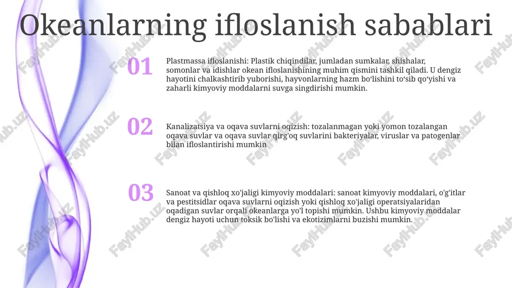 aytiring: jismoniy shaxslar va korxonalar bir martalik plastmassalarga bo'lgan ishonchini kamaytirishi va qayta ishlatiladigan, biologik parchalanadigan alternativlarga o'tishlari kerak. okeanlarimiz kelajagi okeanning plastik ifloslanishi: har yili okeanlarimizga taxminan 8 million tonna plastik chiqindilar kirib, dengiz hayotiga zarar etkazadi va ekotizimlarni buzadi. okeanning kislotalanishi: atmosferadagi co2 darajasining ko'tarilishi okeanning kislotalanishiga olib keladi, bu dengiz organizmlari uchun qobiq va skeletlarni qurish va saqlashni qiyinlashtiradi. iqlim o'zgarishi: okean haroratining isishi va dengiz sathining ko'tarilishi dengiz hayotiga tahdid soladi, ekotizimlarni buzadi va qirg'oq jamoalari va sanoatlariga ta'sir qiladi. e'tiboringiz uchun rahmat @taqdimot_robot image11.jpg image3.jpg image2.jpg /docprops/thumbnail.jpeg