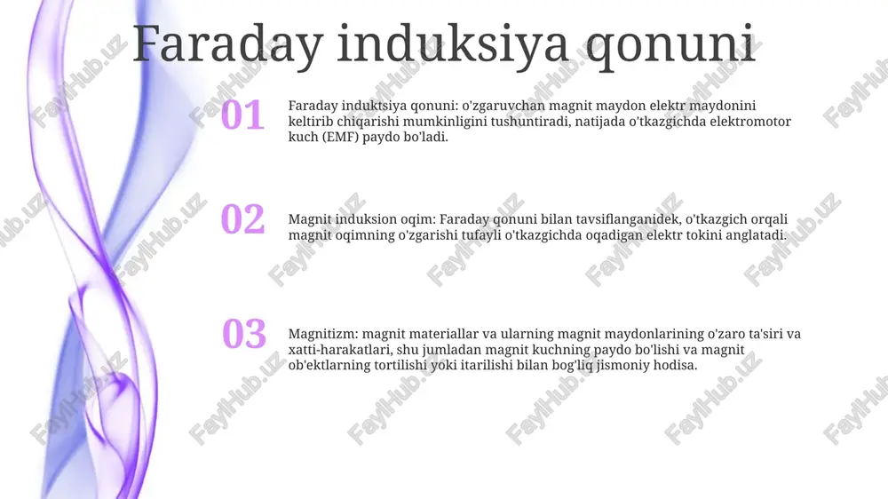 azgich atrofida magnit maydon o'zgarganda, o'tkazgichda elektromotor kuch (emf) paydo bo'ladi. magnit induktsiya oqimi: ma'lum bir hududdan o'tadigan magnit induksiya oqimining miqdori bu sohadagi magnit maydonning kuchini o'lchovidir. magnit maydonlar: magnit maydon magnit kuchlari aniqlanishi mumkin bo'lgan magnit yoki elektr toki atrofidagi bo'shliq hududidir. magnit induktsiya magneto-induksion oqim: supero'tkazuvchilar magnit maydon orqali harakatlanganda yoki magnit maydon o'tkazgich atrofida o'zgarganda induktsiya qilingan elektr toki. magnit induktsiya: materialga magnit maydon qo'llanilganda, uni vaqtincha magnitlashda paydo bo'ladi. magnit oqim: magnit maydonga perpendikulyar bo'lgan ma'lum bir maydondan o'tadigan magnit maydon chiziqlari soni. magnitxlor magnetiklor: xlor atomlarini o'z ichiga olgan magnit suyuqlik, tozalash suyuqligi sifatida ishlatiladi. magnetoxlorin: xlor atomlarini o'z ichiga olgan magnit suyuqlik, sovutish va moylash vositasi sifatida ishlatiladi. magnit induksiya oqimi: supero'tkazuvchilar magnit maydon orqali harakat qilganda hosil bo'ladigan magnit induksiya oqimi. magnetogidrodinamika (mhd) magnetogidrodinamika (mhd): harakatdagi magnit maydonlar va elektr o'tkazuvchan suyuqliklar o'rtasidagi o'zaro ta'sirni o'rganadi. mhd mhd generatorlarida elektr energiyasi ishlab …