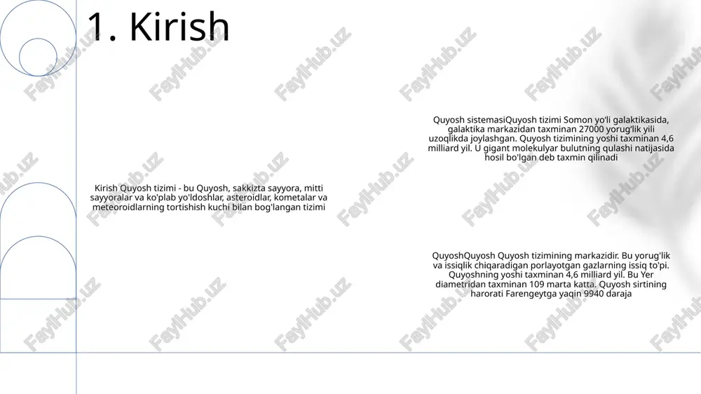 an tashkil topgan bu halqalar saturnning tortishish kuchi ta’sirida parchalanib ketgan dastlabki oyning qoldiqlari ekanligi taxmin qilinadi. uran va neptun: bu ikki uzoqdagi muz gigantlari o'xshash xususiyatlarga ega. ikkalasi ham asosan vodorod, geliy va muzdan iborat bo'lib, ular zaif halqalarga va kuchli magnit maydonlarga ega. 4. tashqi sayyoralar eng katta mitti sayyora: eris diametri taxminan 2326 kilometr bo'lgan eris quyosh tizimidagi eng katta ma'lum mitti sayyoradir. u quyosh atrofida plutondan tashqarida aylanadi va asosan tosh va muzdan iborat. eng kichik mitti sayyora: mars va yupiter o'rtasidagi asteroid kamarida joylashgan ceresceres diametri taxminan 950 kilometr bo'lgan eng kichik mitti sayyoradir. kichik o'lchamiga qaramay, u hali ham asteroid kamaridagi eng katta ob'ekt hisoblanadi. boshqa taniqli mitti sayyoralar: haumea va makemakehaumea va makemake quyosh tizimidagi yana ikkita muhim mitti sayyoralardir. haumea o'zining g'ayrioddiy cho'zilgan shakli va tez aylanishi bilan mashhur, makemake esa yorqin yuzasi va s/2015 (136472) 1 nomli oy bilan ajralib turadi. …