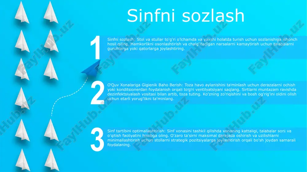 millar hisobga olinadi. 1. shamollatish: shamollatish tizimlari sinflardagi ichki havo sifatini saqlash, eskirgan havoni olib tashlash va toza havo kiritish uchun juda muhimdir. to'g'ri shamollatish ifloslantiruvchi moddalarni kamaytirishga yordam beradi va ifloslantiruvchi moddalarning to'planishini oldini oladi. 2. sinf xonalarini gigienik baholash: sog'lom o'qitish va ta'lim muhitini ta'minlash uchun sinflar muntazam ravishda gigienik baholashdan o'tishi kerak. ushbu baholashlar harorat, namlik, havoni ifloslantiruvchi moddalar va talabalar va o'qituvchilarning sog'lig'i va farovonligiga ta'sir qilishi mumkin bo'lgan boshqa jihatlarni baholaydi. harorat kuzatish va sozlash: ishonchli termometrlar yordamida sinfdagi haroratni muntazam ravishda kuzatib boring va shunga mos ravishda isitish yoki sovutish tizimlarini sozlang optimal harorat: sinf xonalarida 20-24 ° c (68-75 ° f) optimal harorat oralig'ini saqlash talabalarning qulayligi va diqqatini jamlash uchun juda muhimdir. haddan tashqari haroratlar diqqatni jamlashga, kognitiv ishlashga va umumiy farovonlikka salbiy ta'sir ko'rsatishi mumkin. shamollatish va namlik: sog'lom havo sifatini saqlab qolish va eskirgan havoning oldini olish uchun etarli shamollatish …