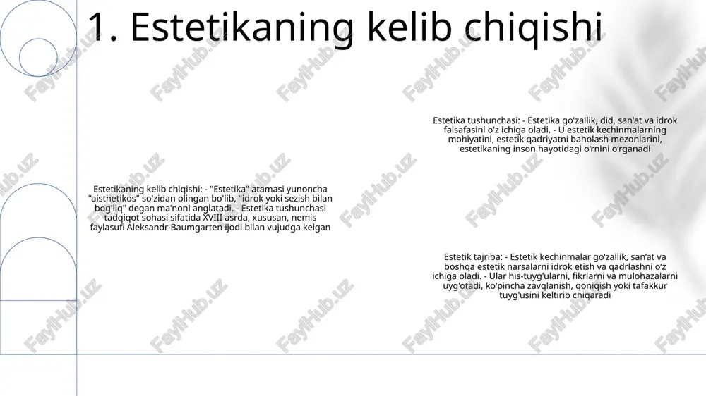 a qadrlash bilan ajralib turadi. bu hissiy xususiyatlar, hissiy rezonans va shaxsiy ahamiyatga ega bo'lgan yuqori darajadagi xabardorlikni va qabul qilishni o'z ichiga oladi. 2. estetik baholash: buyum yoki tajribaning estetik qiymatini baholash yoki baholash jarayoni. u go'zallik, uyg'unlik, o'ziga xoslik va hissiy ta'sir kabi mezonlarni hisobga oladi. estetik baholash sub'ektiv bo'lishi mumkin va individual qarashlar va madaniy me'yorlar ta'sirida bo'lishi mumkin. 3. estetik: go‘zallik yoki go‘zallikni qadrlash bilan bog‘liq. u hissiy fazilatlarni, hissiy javoblarni va sub'ektiv hukmlarni o'z ichiga oladi. "estetika" atamasi estetik tajriba va baholashning tabiati va tamoyillarini o'rganadigan estetika sohasiga tegishli bo'lishi mumkin. 4. estetik tajriba va baholash rasmiy xususiyatlar: san'at asarining shakli, o'lchami, rangi va kompozitsiyasi kabi ob'ektiv va o'lchanadigan xususiyatlari. aloqaviy xususiyatlar: san'at asarining turli elementlari yoki san'at asari va uning konteksti o'rtasidagi munosabatlar, masalan, takrorlash, kontrast va muvozanat. estetik: san'at asaridan olingan go'zallik yoki zavqlanish tajribasiga tegishli. 5. formal va munosabat xossalari go'zallik: hayratni …