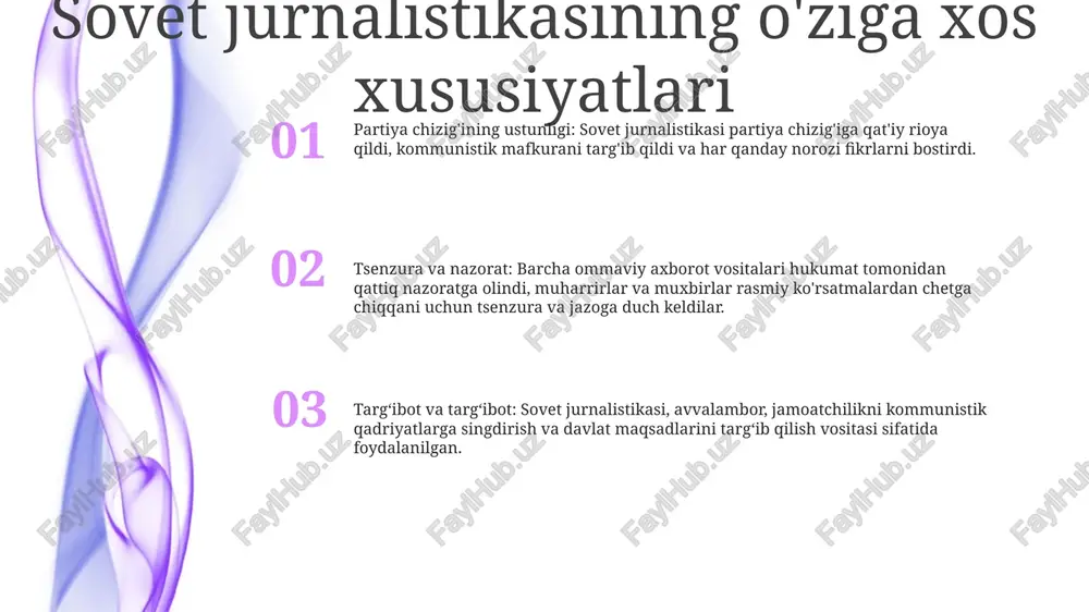 i ulug‘lash va har qanday ko‘rinishdagi norozilikni qoralash kutilgan edi. matbuot mafkura quroli sifatida matbuot mafkura quroli sifatida - bu kitob mafkurani shakllantirish va jamoatchilik fikriga ta'sir qilishda matbuotning rolini o'rganadi. - matbuotdan muayyan g'oyalar va qadriyatlarni targ'ib qilish, norozi fikrlarni bostirish yoki cheklash uchun foydalanish usullarini o'rganadi. shoʻro davri jurnalistikasi- bu kitobda sovetlar davridagi oʻzbek jurnalistikasi tarixi toʻliq koʻrsatilgan.- unda matbuotning oʻzbek milliy oʻziga xosligi va madaniyati rivojidagi oʻrni, uni targʻib qilish yoʻllari koʻrib chiqiladi. sovet mafkurasi buyuk oʻzbek entsiklopediyasi- 12 jildda nashr etilgan ushbu yirik ensiklopediya oʻzbek tarixi, madaniyati va jamiyatining barcha jabhalari boʻyicha keng qamrovli maʼlumot manbai hisoblanadi.- unda tarix va siyosatdan tortib adabiyot va adabiyotgacha boʻlgan keng koʻlamli mavzulardagi maqolalar oʻrin olgan. san'at glasnost va qayta qurishning ta'siri qayta qurish va ommaviy axborot vositalari islohoti: qayta qurishning iqtisodiy va siyosiy islohotlarga e'tibor qaratilishi yangi ommaviy axborot vositalarining joriy etilishiga va tsenzuraning yumshatilishiga olib keldi, bu esa …