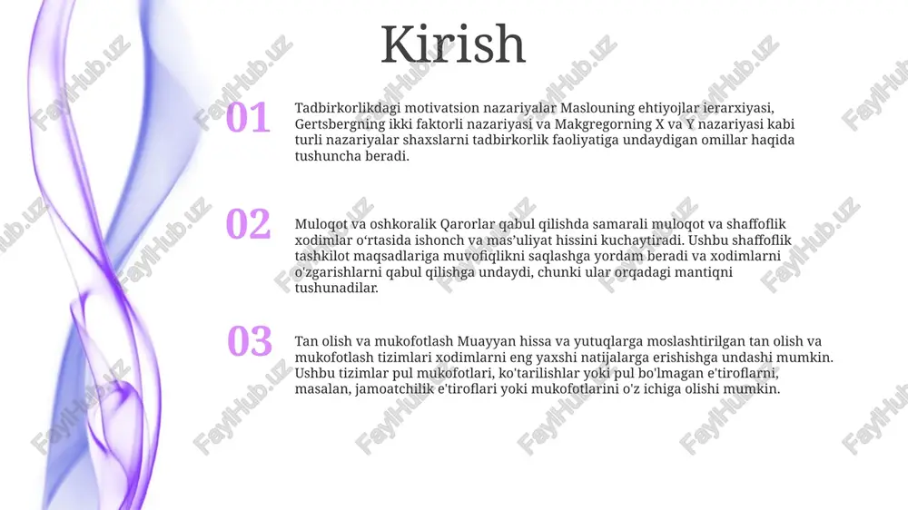 tashkilotdagi o'zgarishlar paytida motivatsiyani oshiradi. aniq tasavvur, yo'l-yo'riq va resurslar, ularning motivatsiyasini saqlab qolish. tadbirkorlik faoliyatining rag'batlantiruvchi omillari 3. motivatsiya bo'yicha amaliy tadqiqotlar: muvaffaqiyatli motivatsion strategiyalarning haqiqiy dunyo misollari va ularning biznes natijalariga ta'siri 1. xodimlarning motivatsiyasi: samarali boshqaruvning ahamiyati va usullarini tushunish 2. tashkiliy o'zgarishlar va xodimlarni rag'batlantirish: moslashuvchanlik va o'sishni rag'batlantirishda etakchilikning roli gertsbergning ikki faktorli nazariyasi motivatsiya omillari: bu omillar ishga xos bo'lib, muvaffaqiyat, tan olinishi, qiyin ish va mas'uliyat kabi omillarni o'z ichiga oladi. gigiena omillari: bu omillar ishga xosdir va kompaniya siyosati, mehnat sharoitlari, ish haqi va imtiyozlar kabi omillarni o'z ichiga oladi. tadbirkorlik va tashkiliy o'zgarishlarda qo'llanilishi: gertsberg nazariyasi xodimlarni tadbirkorlik tashabbuslarida va tashkilotni o'zgartirish tashabbuslarida motivatsiya va gigiena omillarini qondirishni ta'minlash orqali rag'batlantirish uchun ishlatilishi mumkin. maslouning ehtiyojlar ierarxiyasi tashkiliy o'zgarishlarni boshqarish va motivatsiya: tashkiliy o'zgarishlar ko'pincha rollar, mas'uliyatlar va ish muhitidagi o'zgarishlarni o'z ichiga oladi. xodimlar qo'rquv yoki noaniqlik tufayli o'zgarishlarga qarshilik …