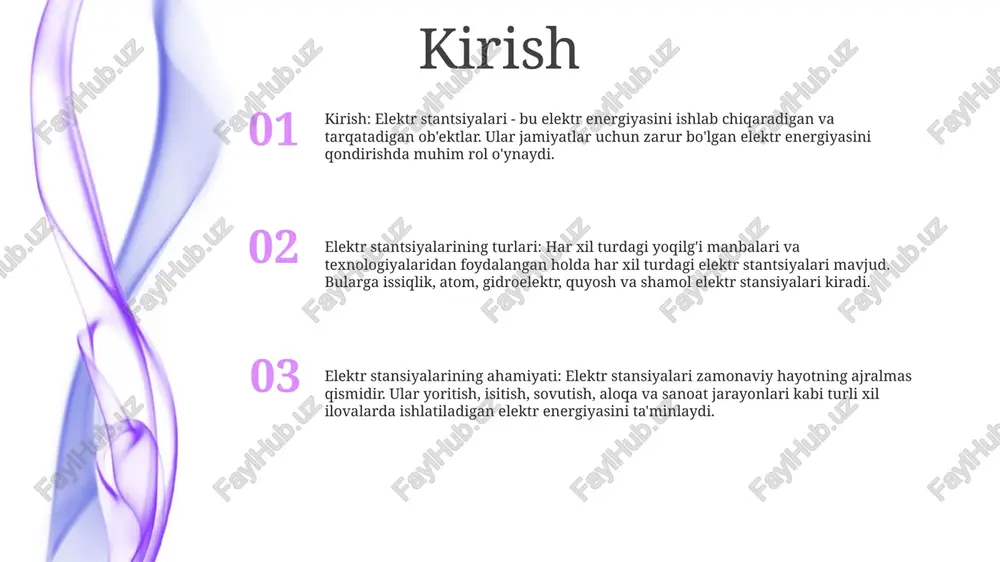 elektr energiyasi turbinalar energiyani aylantiradi: oqayotgan suv elektromagnit induksiya orqali elektr energiyasini ishlab chiqaradigan turbinalarni aylantiradi. to'g'onlar suv omborlarini yaratadi: to'g'onlar suv oqimini tartibga solish va energiya ishlab chiqarish uchun barqaror ta'minotni ta'minlash uchun sun'iy suv omborlarini yaratadi. atom elektr stansiyalari operatsion: atom elektr stantsiyalari yadro reaktsiyalari natijasida ajralib chiqadigan energiyadan foydalangan holda elektr energiyasini ishlab chiqaradi. yadro reaktsiyalari natijasida hosil bo'lgan issiqlik elektr energiyasini ishlab chiqaradigan turbinalarni harakatga keltiradigan bug 'hosil qilish uchun ishlatiladi. qurilish: atom elektr stantsiyalari bir nechta bino va inshootlardan, jumladan, reaktor binosi, himoya binosi, turbina binosi va ma'muriyat binosidan iborat. xavfsizlik: atom elektr stantsiyalari avariyalarning oldini olish va yumshatish uchun bir necha qatlamli xavfsizlik tizimlari bilan yaratilgan. ushbu tizimlar o'z ichiga jismoniy to'siqlarni, masalan, himoya qilish binosini va favqulodda choralar rejalari kabi operatsion choralarni o'z ichiga oladi. qayta tiklanadigan energiya manbalari geotermal energiya: - yerning ichki issiqligidan elektr energiyasi ishlab chiqarish yoki isitish/sovutishni ta'minlash uchun …