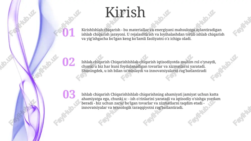 arish uchun mo'ljallangan. jarayonlar bir qatorda joylashtirilgan va mahsulotlar chiziq bo'ylab bir jarayondan ikkinchisiga o'tadi. ishlab chiqarishni rejalashtirish ishlab chiqarishni rejalashtirish: resurslarni samarali taqsimlash va ishlab chiqarish jarayonlarini optimallashtirish uchun kompleks reja. ishlab chiqarish chiqarish: ishlab chiqarishda rejalashtirish va muvofiqlashtirishning muhimligini ta’kidlab, ishlab chiqarishni rejalashtirishning o‘zbekcha atamasi. o'zbekistonda ishlab chiqarishni rejalashtirish: talabni prognozlash, resurslarni taqsimlash va sifat nazorati kabi omillarni hisobga olgan holda, xom ashyoni sotib olishdan tayyor mahsulotni taqsimlashgacha bo'lgan ishlab chiqarish tsiklini boshqarishni o'z ichiga oladi. ish o'lchovi ishlab chiqarish: (oʻzbekcha “ish natijasi”) resurslardan qanchalik samarali foydalanilayotganligini aniqlash uchun operatsion samaradorlikni tizimli baholash. ishni o'lchash: ish standartlarini o'rnatish uchun vazifani bajarish uchun zarur bo'lgan vaqt va kuchni o'lchash. ergonomika: samaradorlik va qulaylikni oshirish maqsadida inson va kompyuterning o'zaro ta'sirini o'rganish. materiallarni boshqarish sifatni nazorat qilish: mahsulot sifatini nazorat qilish va saqlash, spetsifikatsiyalar va mijozlar talablariga muvofiqligini ta'minlash uchun tizimlar va tartiblarni amalga oshirish. materiallarni boshqarish: o'z vaqtida mavjudligini …