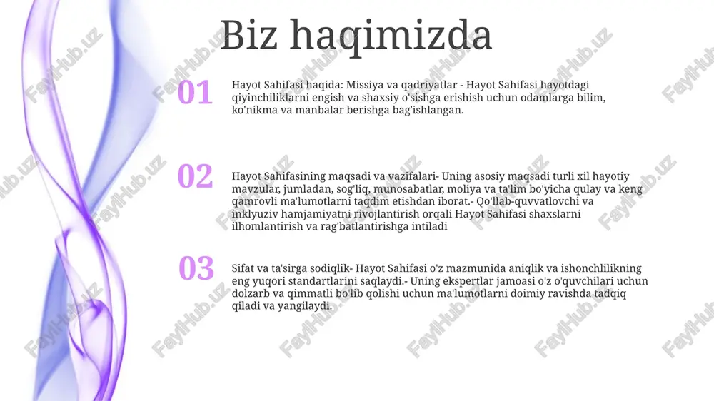 zular. guvohlar hayot sahifasi guvohliklari - insightful: "hayot sahifasi guvohliklari ajoyib darajada chuqur bo'lib, dasturni bevosita boshdan kechirganlarning qimmatli istiqbollari va yo'l-yo'riqlarini taqdim etadi." hayot sahifasi guvohliklari - haqiqiy: "hayot sahifasi haqidagi guvohliklar chinakam haqiqiy bo'lib, hech qanday uydirma yoki bo'rttirilgan da'volarsiz haqiqiy tajriba va o'zgarishlarni namoyish etadi." hayot sahifasi guvohliklari - ilhomlantiruvchi: “hayot sahifasi haqidagi har bir guvohlik kuchli ilhom manbai boʻlib, shaxsiy oʻsish va rivojlanish yoʻlini boshlash yoki davom ettirish istagini uygʻotadi”. blog tavsif: hayotning sayohatlari, shaxsiy o'sish va kundalik lahzalarda ma'no topish bo'yicha tushuncha va tajribalar bilan o'rtoqlashadigan shaxsiy blog. title: hayot sahifasi maqsad: o'quvchilarni o'zlarining noyob yo'llarini qabul qilishga, o'z-o'zini anglashni rivojlantirishga va yanada to'liq hayot kechirishga ilhom berish va rag'batlantirish. biz bilan bog'lanish telefon raqami: shoshilinch masalalar yoki aniq savollar uchun +90 (212) 259 20 20 raqamiga qo'ng'iroq qilib hayot sahifasi bilan bevosita bog'laning. veb-sayt shakli: so'rov yuborish yoki yordam so'rash uchun hayot sahifasi veb-saytida …