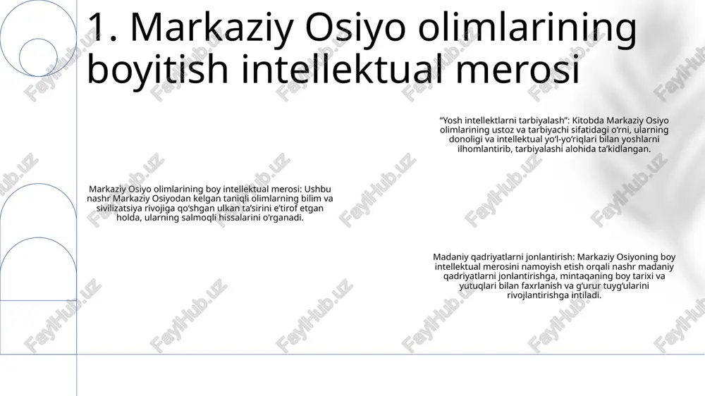 ronomiyani sezilarli darajada osonlashtirdi. 3: ilmiy dunyoqarashni shakllantirish: markaziy osiyo olimlari ilmiy dunyoqarashni shakllantirishda, xususan, matematika va astronomiyaga qo‘shgan hissalari, zamonaviy ilm-fanga asos solgan ratsional fikrlash va empirik usullarni ilgari surish orqali hal qiluvchi rol o‘ynagan. 3. matematik va astronomik hissalar: ilmiy dunyoqarashni shakllantirish innovatsion tibbiy asboblar: robotli jarrohlikdan tortib taqiladigan salomatlik monitorlarigacha farmatsevtika yutuqlari: maqsadli terapiya, genlarni tahrirlash va shaxsiylashtirilgan tibbiyot sog'liqni saqlashda sun'iy intellekt: diagnostika, davolash va dori-darmonlarni aniqlash 4. tibbiyot va farmatsevtika innovatsiyalari: shifolash amaliyotini rivojlantirish aql va ma’naviyat: markaziy osiyo olimlari merosini o‘rganish intellektual xazinalarni ochish: adabiy va falsafiy hissalarning roli inson qalbini tarbiyalash: markaziy osiyo ustozlarining ma’naviy merosi 5. adabiyot va falsafaga qo‘shgan hissasi: intellektual va ma’naviy yuksalishni tarbiyalash markaziy osiyo olimlarining yuksak tafakkurli yoshlarni tarbiyalashdagi ilmiy merosi: astronomiya rasadxonalari osmonni tadqiq qilishda muhim rol o‘ynab, ilmiy tadqiqot va innovatsiyalar markazi bo‘lib xizmat qildi. ushbu rasadxonalarning merosi zamonaviy astronomlarni ilhomlantirish va yo'naltirishda davom etmoqda. osmonni …