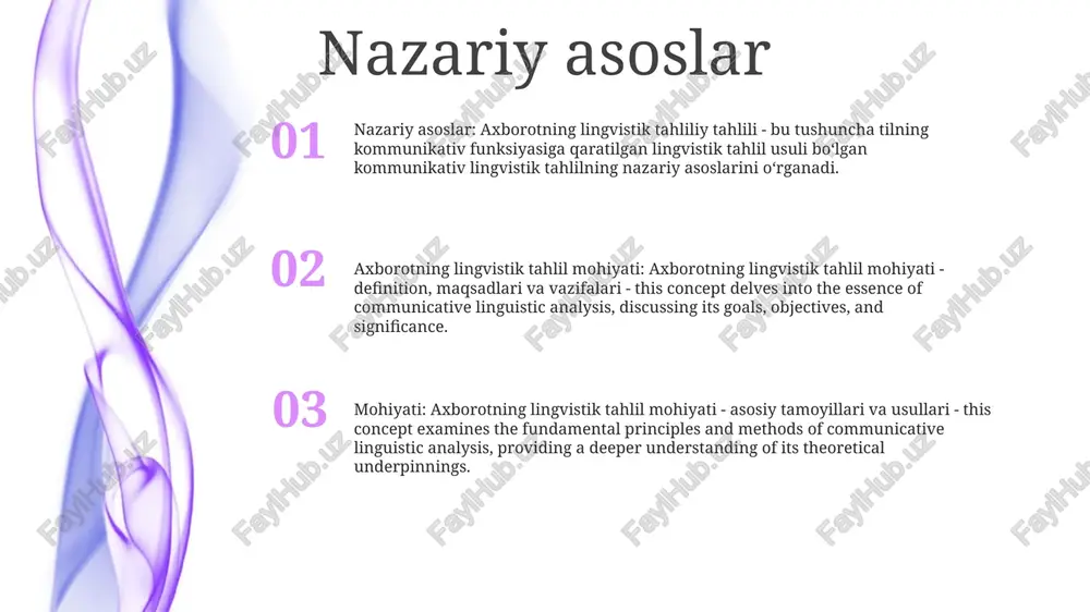 iflashga qaratilgan. pragmatika va nutq tahlili pragmatika: pragmatika kontekst va umumiy bilim tilning talqini va ishlatilishiga, jumladan, og'zaki bo'lmagan belgilar va madaniy omillarga qanday ta'sir qilishiga e'tibor qaratadi. diskurs tahlili: diskurs tahlili yozma yoki og'zaki tilni jumla darajasidan yuqori o'rganadi, til qanday tuzilganligi va ijtimoiy va madaniy kontekstlarda qanday ishlashini o'rganadi. axborotning lingvistik tahlil mohiyati (alm): alm - tilning kommunikativ va ijtimoiy jihatlari hamda tilning ijtimoiy va madaniy me'yorlarning shakllanishi va shakllanishidagi rolini ta'kidlab, pragmatik va nutq tahlili uchun markaziy osiyo atamasi. hisoblash tilshunosligi hisoblash tilshunosligi tarixi va ma'lumotlari: hisoblash tilshunosligi 1950-yillarda kompyuterlar va tabiiy tilni qayta ishlash (nlp) texnologiyalarining rivojlanishi bilan paydo bo'ldi. bu inson tilini tahlil qilish, tushunish va yaratish uchun hisoblash texnikasidan foydalanishni o'z ichiga oladi. semantika va ma'no tilning semantik darajasi: alohida so'zlar (morfologiya), iboralar (sintaksis) va butun jumlalar (semantika) kabi ma'noni anglatuvchi lingvistik birliklarni o'z ichiga oladi. tilshunoslikda semantik ma'no: til ichidagi so'zlar, iboralar va …