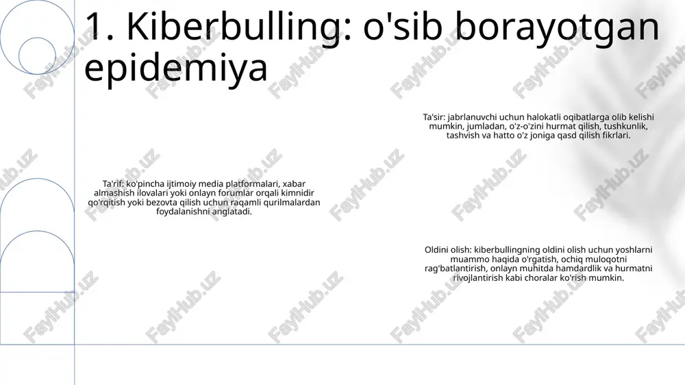 jratib, ijtimoiy faoliyatdan voz kechishi mumkin. ular, shuningdek, keyingi qurbon bo'lishdan qo'rqadigan onlayn joylardan qochishlari mumkin. jismoniy salomatlik muammolari: og'ir holatlarda kiberbulling oshqozon-ichak muammolari, bosh og'rig'i va charchoq kabi jismoniy sog'liq muammolariga hissa qo'shishi mumkin. kiberbulling bilan bog'liq psixologik tanglik immunitet tizimini zaiflashtirishi va kasalliklarga moyilligini oshirishi mumkin. 4. kiberbullingning psixologik ta'siri cyberbullying triggerlari: kiberbulling qurbonlarni yolg'iz, qadrsiz va umidsiz his qilish orqali o'z joniga qasd qilish fikrlari va xatti-harakatlarini qo'zg'atishi mumkin. o'z joniga qasd qilish xavfini baholash: kiberbulling qurbonlari o'z joniga qasd qilish xavfi uchun baholanishi kerak, chunki ular o'z joniga qasd qilish fikri bilan bog'liq bo'lgan tashvish, depressiya va boshqa alomatlarni boshdan kechirishi mumkin. aralashuv strategiyalari: agar kiberbullingga shubha qilingan bo'lsa, xatti-harakatlarga murojaat qilish va jabrlanuvchiga ham, jinoyatchiga ham yordam ko'rsatish orqali darhol aralashish juda muhimdir. 5. kiberbulling va o'z joniga qasd qilish kiberbullying uchun jazolar: ko'pgina yurisdiktsiyalarda kiberbulling jarima, qamoq yoki har ikkalasi bilan jazolanadigan jinoiy jinoyatdir. …