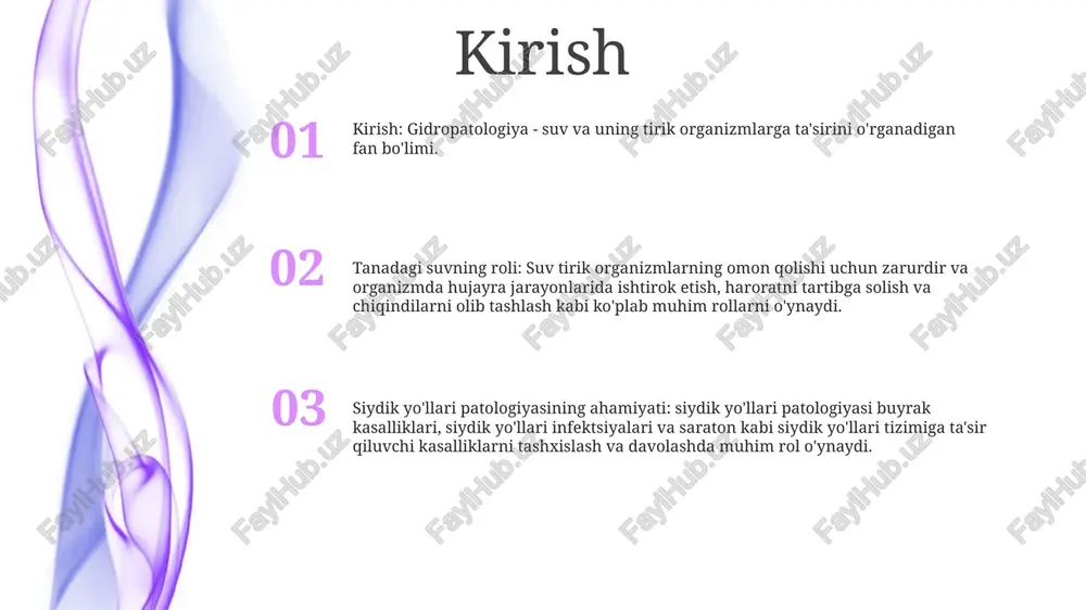 ini yaratish uchun vizual va eshitish ma'lumotlarini birlashtiradi. klinik ta'siri klinik ta'sir: tekshiruv paytida peritoneal sitologiya ma'lumotlaridagi ba'zi anormalliklar saratonning ma'lum bir turini ko'rsatishi mumkin. masalan, sitoplazmatik vakuolali mezotelial hujayralar shilimshiq adenokarsinomani ko'rsatishi mumkin. idrok patalogiyasi: idrok patalogiyasi, shuningdek, qorin parda effuziyasi deb ham ataladi, qorin bo'shlig'ida suyuqlikning anormal to'planishini anglatadi. bu suyuqlik to'planishi turli omillar, jumladan, yallig'lanish, infektsiya yoki malignite tufayli yuzaga kelishi mumkin. etiologiyasi va turlari: idrok patalogiyasining asosiy sababi uning tasnifini belgilaydi. transudativ efüzyonlar yurak etishmovchiligi yoki gipoalbuminemiya kabi sharoitlardan kelib chiqadi, ekssudativ efüzyonlar esa yallig'lanish yoki malign o'smalardan kelib chiqadi. xilli efüzyonlarda limfa to'siqlari tufayli sutli suyuqlik bo'lgan chyle mavjud e'tiboringiz uchun rahmat @taqdimot_robot image11.jpg image3.jpg image2.jpg /docprops/thumbnail.jpeg