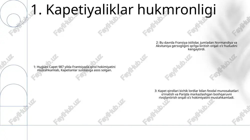 o'lib, ekinlarning nobud bo'lishiga olib keldi. qora o'lim, shuningdek, aholining taxminan uchdan bir qismini o'ldirdi. katta ocharchilik keng tarqalgan ochlik, qashshoqlik va o'limga olib keldi. fransuz monarxiyasini zaiflashtirib, yuz yillik urushga olib keldi. 4. buyuk ocharchilik frantsiyadagi uyg'onish davri: siyosiy va iqtisodiy o'zgarishlar markazlashuvning kuchayishi va qirol hokimiyatining mustahkamlanishi burjuaziyaning iqtisodiy va siyosiy qudratining ko'tarilishi yangi iqtisodiy faoliyat va savdoning rivojlanishi. frantsiyadagi uyg'onish davri: madaniy-badiiy harakatlar gumanizm harakatining tarqalishi va insonparvarlikka urg'u qadimgi yunoniston va rim madaniyatini qayta kashf qilish va qayta talqin qilish san'atda istiqbol va realizmdan foydalangan holda yangi san'at usullarini ishlab chiqish frantsiyadagi uyg'onish davri: muhim odamlar va asarlar qirol frensis i: uyg'onish davrining buyuk tarafdori leonardo da vinchi: mona liza va oxirgi kechki ovqat kabi durdona asarlar nikola pussin: klassizm kashshofi mishel de montaign: esseist va gumanist faylasuf 5. uyg'onish davri urushayotgan guruhlar: din urushlari frantsuz monarxiyasi tomonidan qo'llab-quvvatlangan katolik ligasini kuchli zodagon oilalar boshchiligidagi protestant …